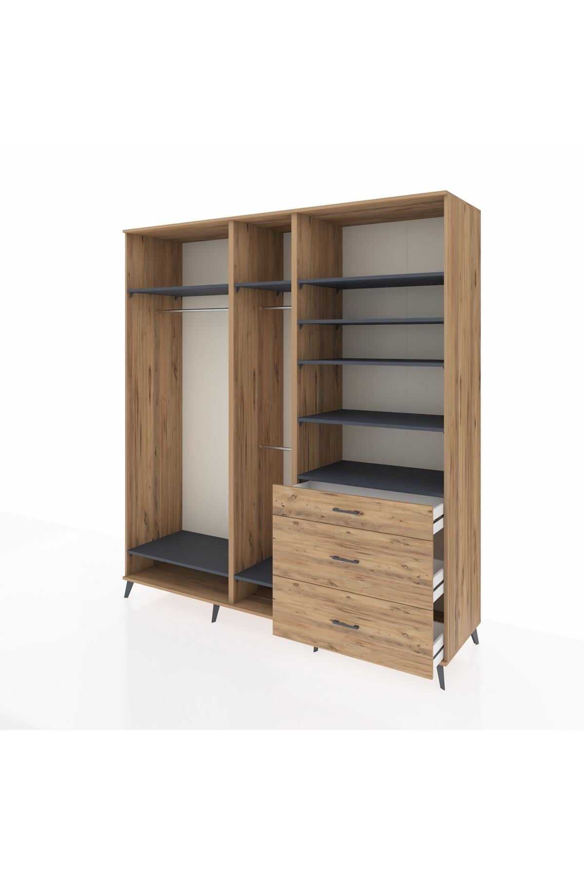 Kronos Dolap 9 Raflı 3 Çekmeceli 3 Askılı 220x59x243 Çam-Antrasit/Çam