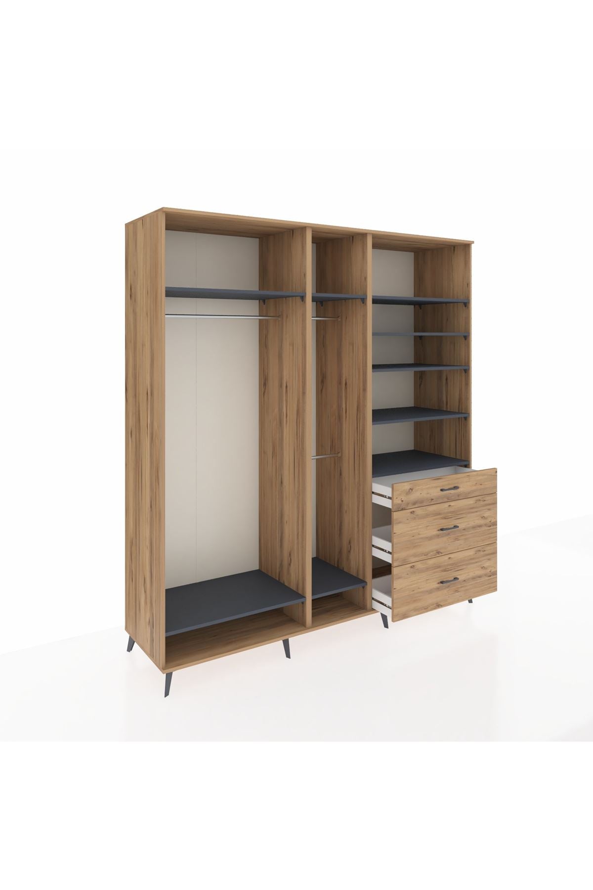 Kronos Dolap 9 Raflı 3 Çekmeceli 3 Askılı 220x59x243 Çam-Antrasit/Çam