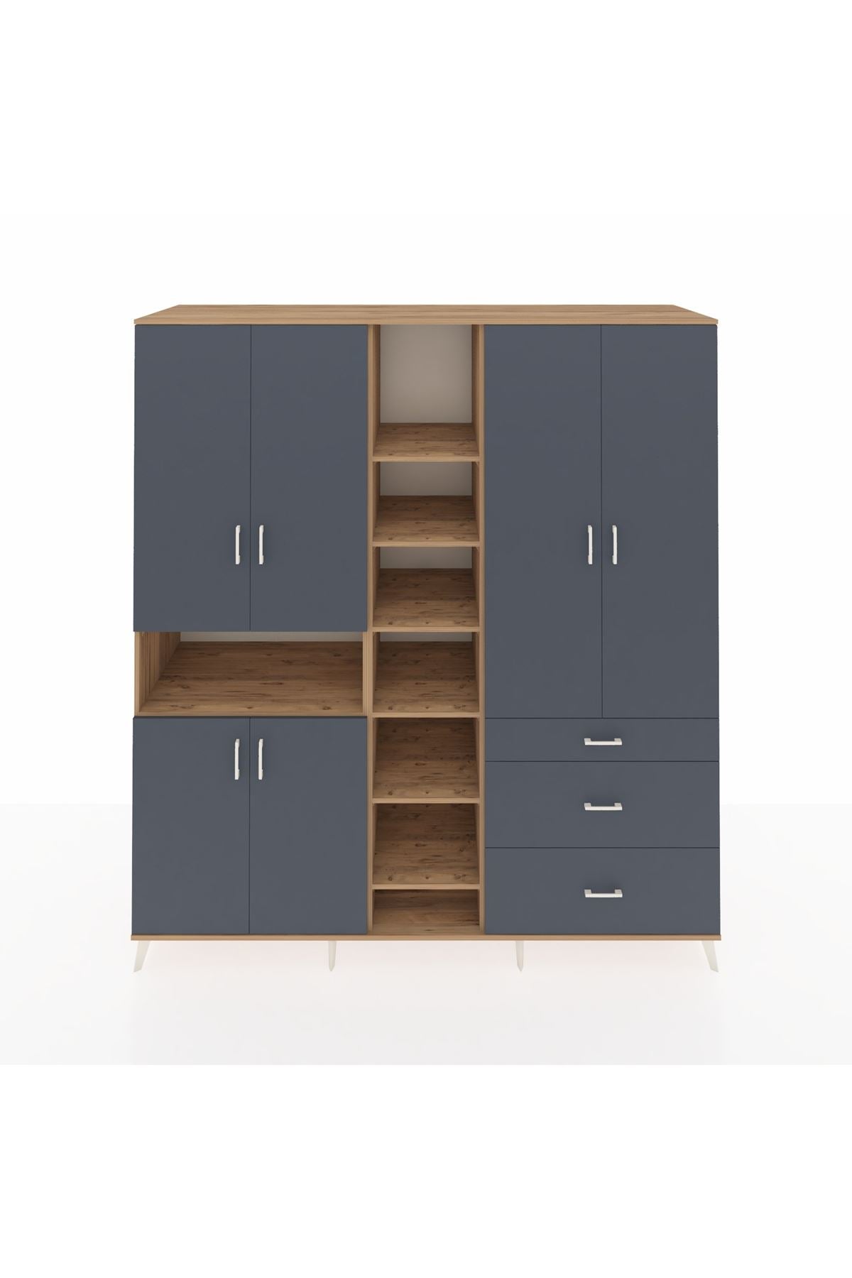 Kronos Dolap 13 Raflı 3 Çekmeceli 6 Kapaklı 220x59x243 Çam-Antrasit/Antrasit