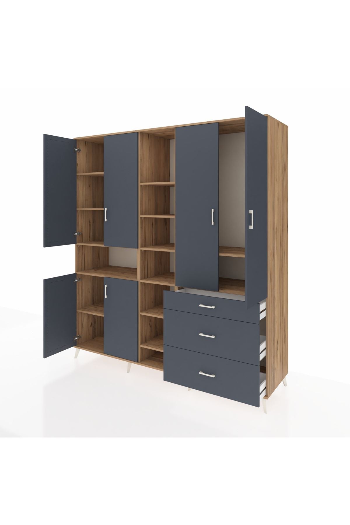 Kronos Dolap 13 Raflı 3 Çekmeceli 6 Kapaklı 220x59x243 Çam-Antrasit/Antrasit