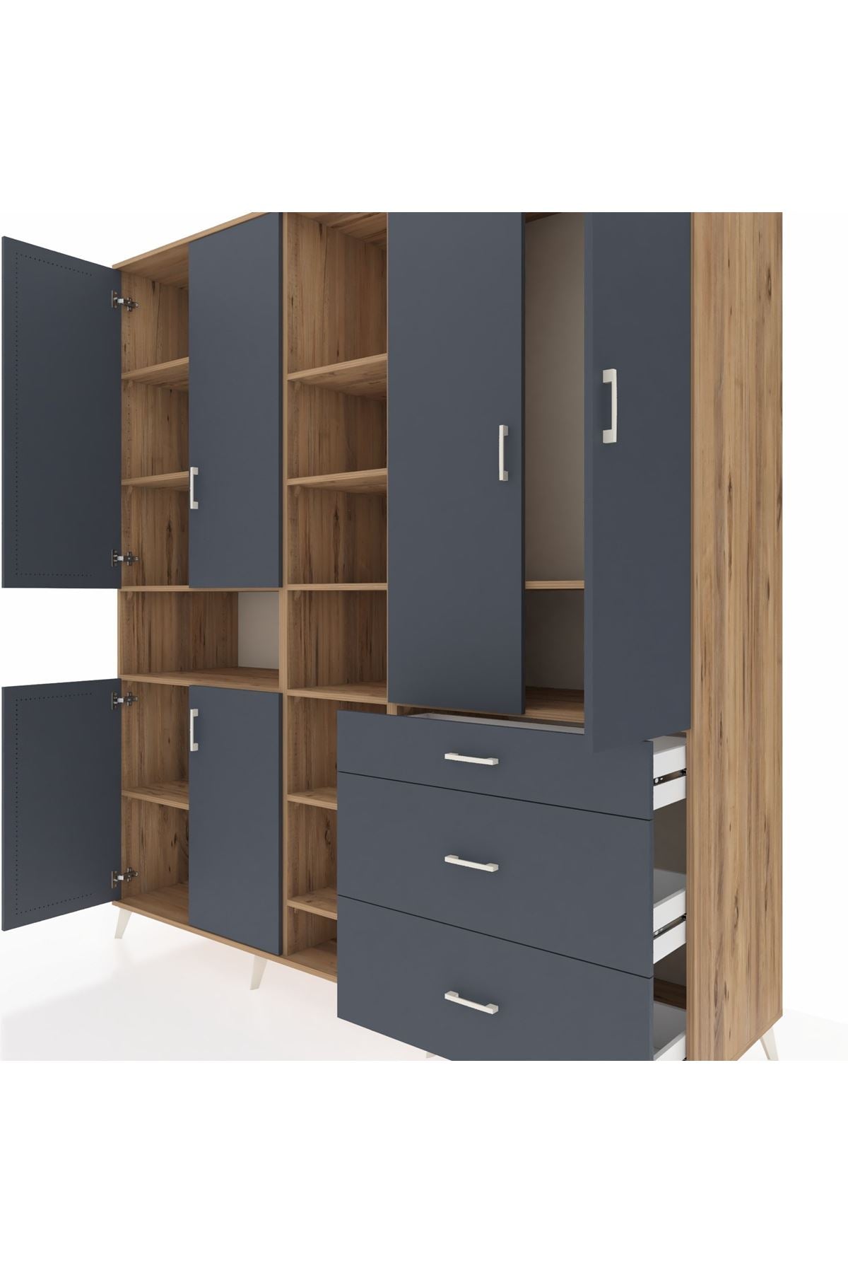 Kronos Dolap 13 Raflı 3 Çekmeceli 6 Kapaklı 220x59x243 Çam-Antrasit/Antrasit