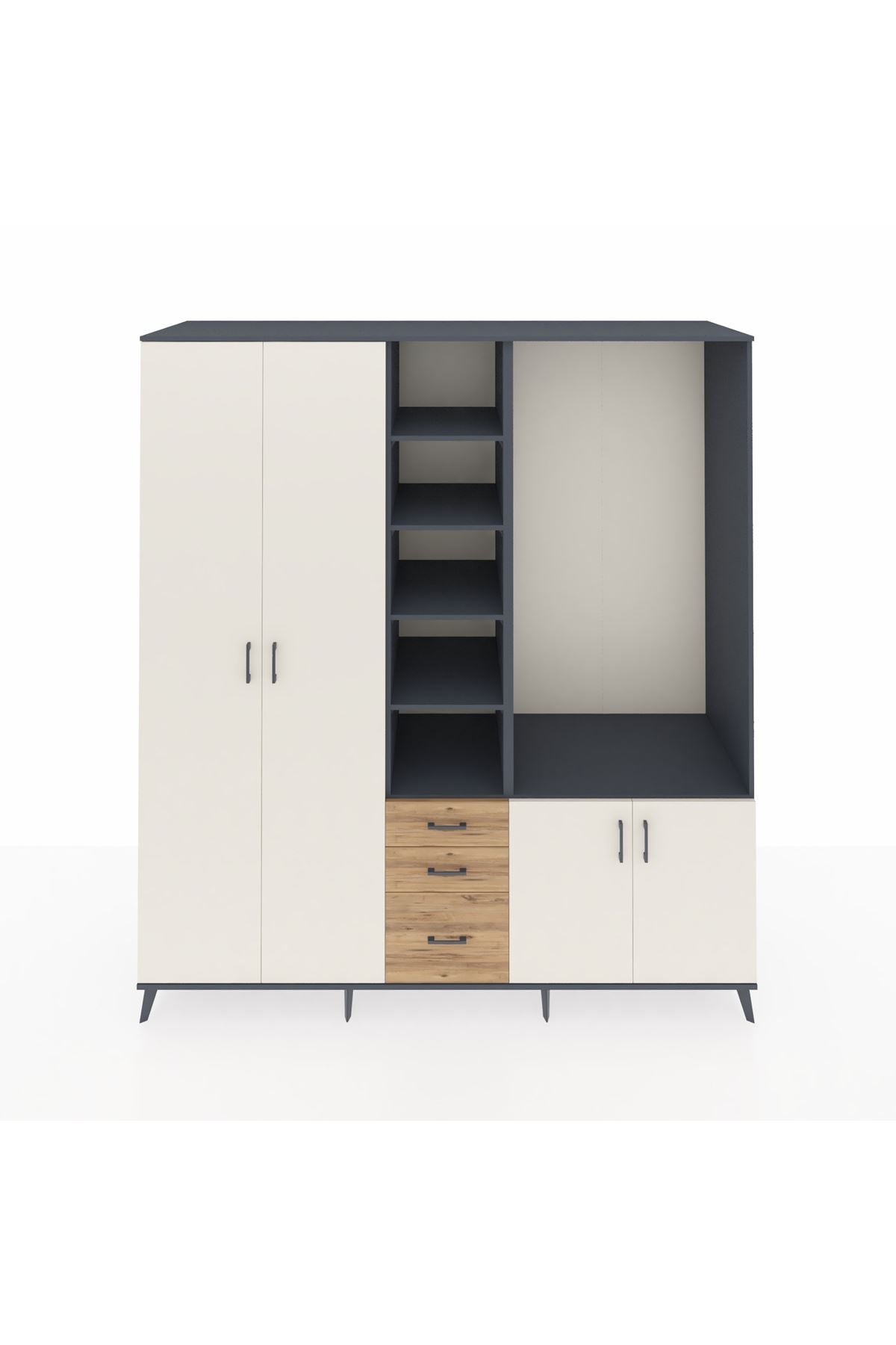 Kronos Dolap 13 Raflı 3 Çekmeceli 4 Kapaklı 220x59x243 Antrasit-Aytaşı/Çam