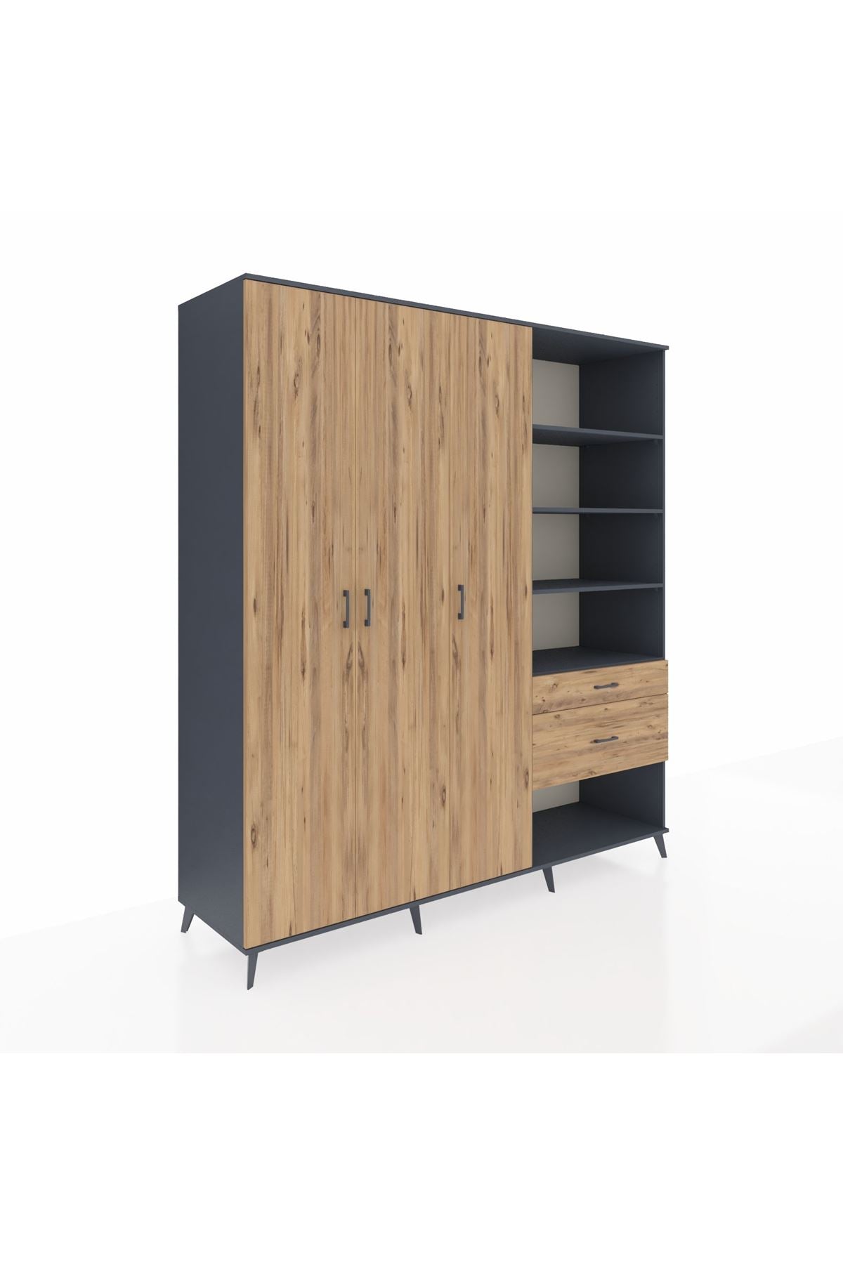 Kronos Dolap 16 Raflı 2 Çekmeceli 3 Kapaklı 220x59x243 Antrasit-Çam/Çam