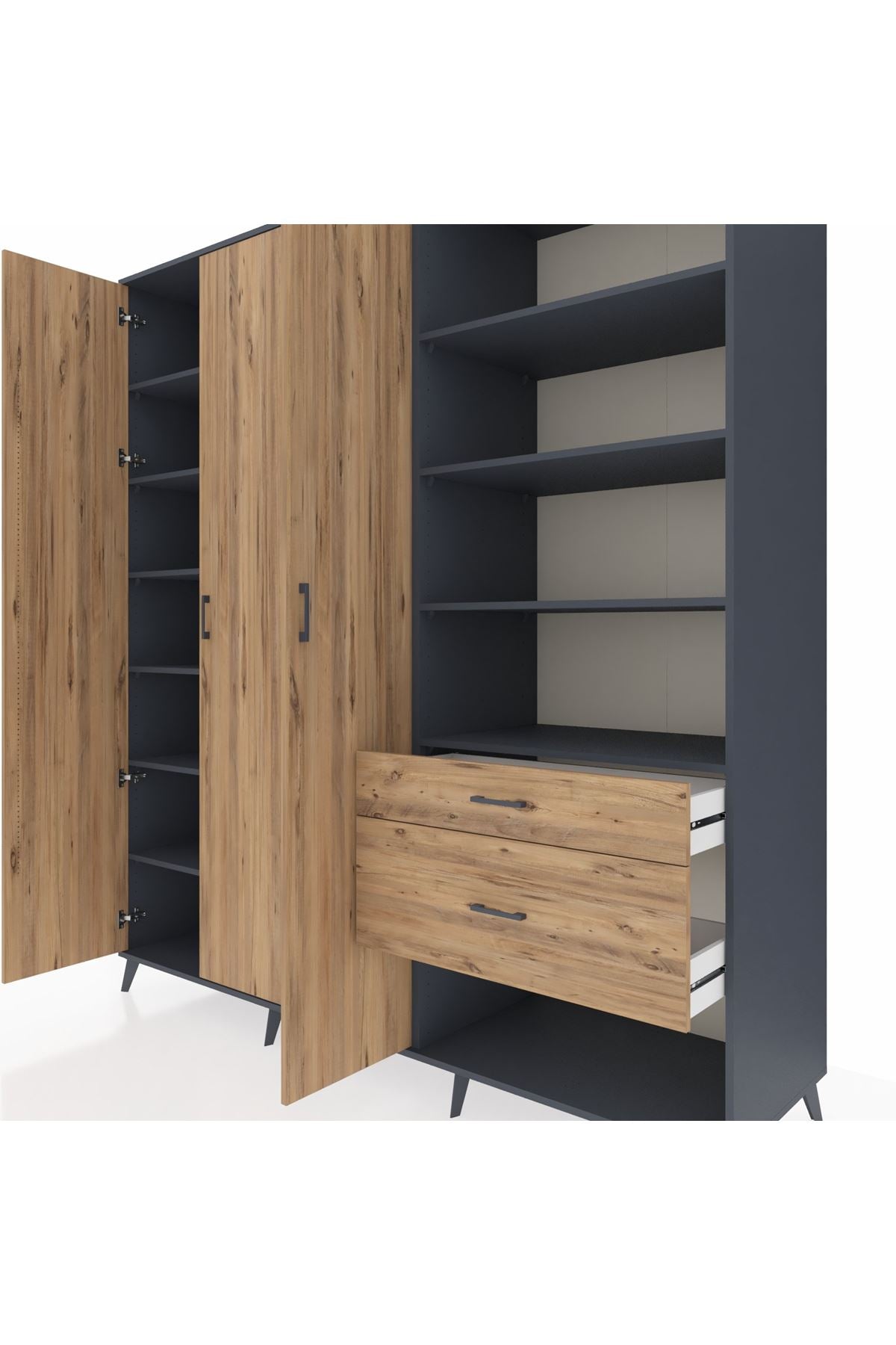 Kronos Dolap 16 Raflı 2 Çekmeceli 3 Kapaklı 220x59x243 Antrasit-Çam/Çam