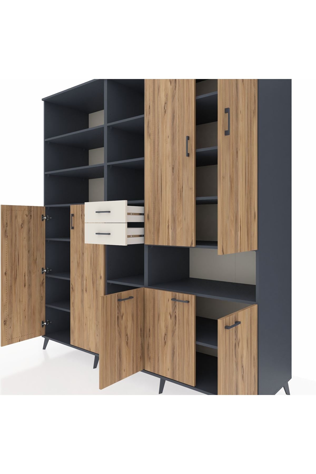 Kronos Dolap 17 Raflı 2 Çekmeceli 7 Kapaklı 220x59x243 Antrasit-Çam/Aytaşı