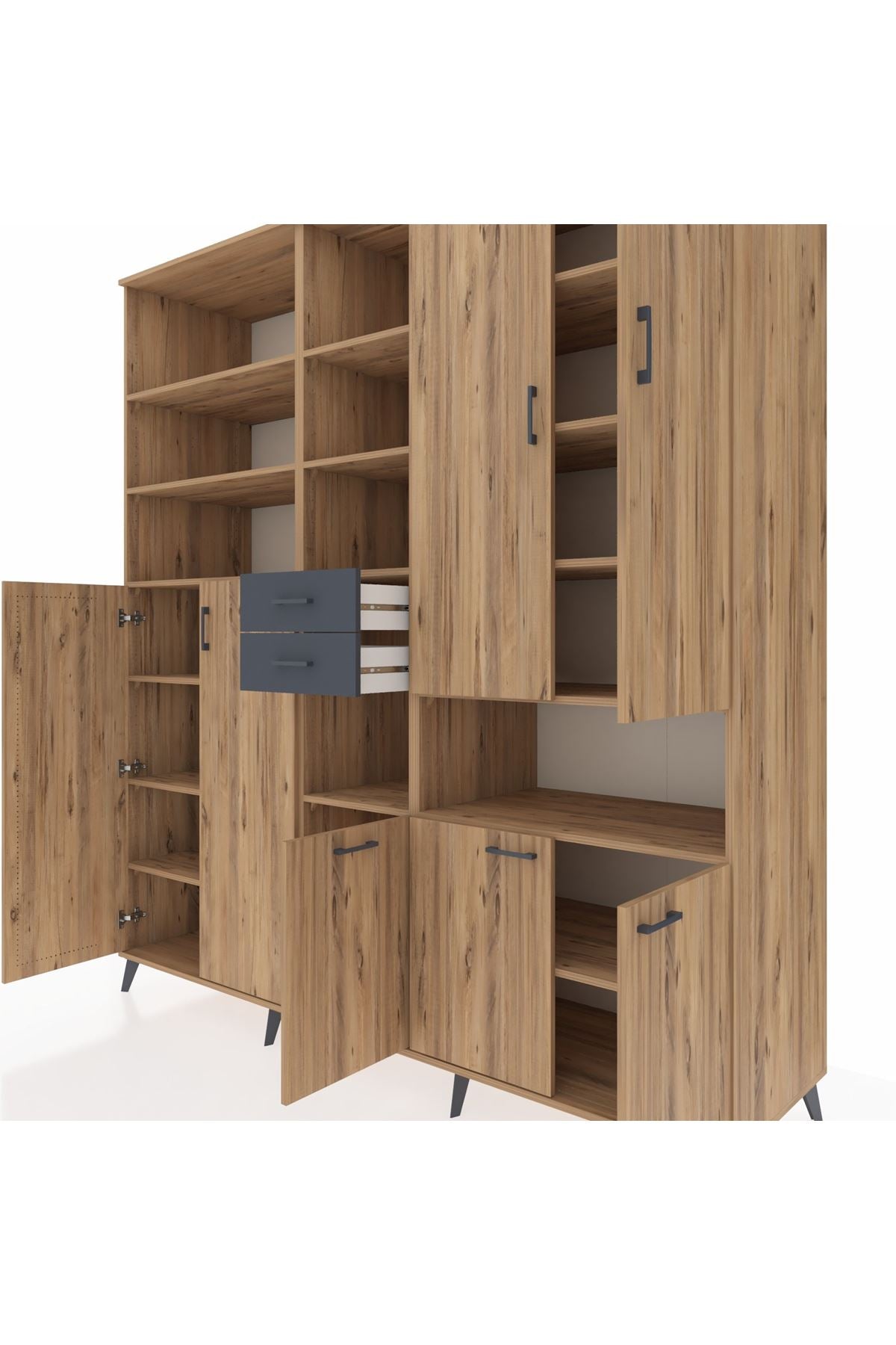 Kronos Dolap 17 Raflı 2 Çekmeceli 7 Kapaklı 220x59x243 Çam-Çam/Antrasit