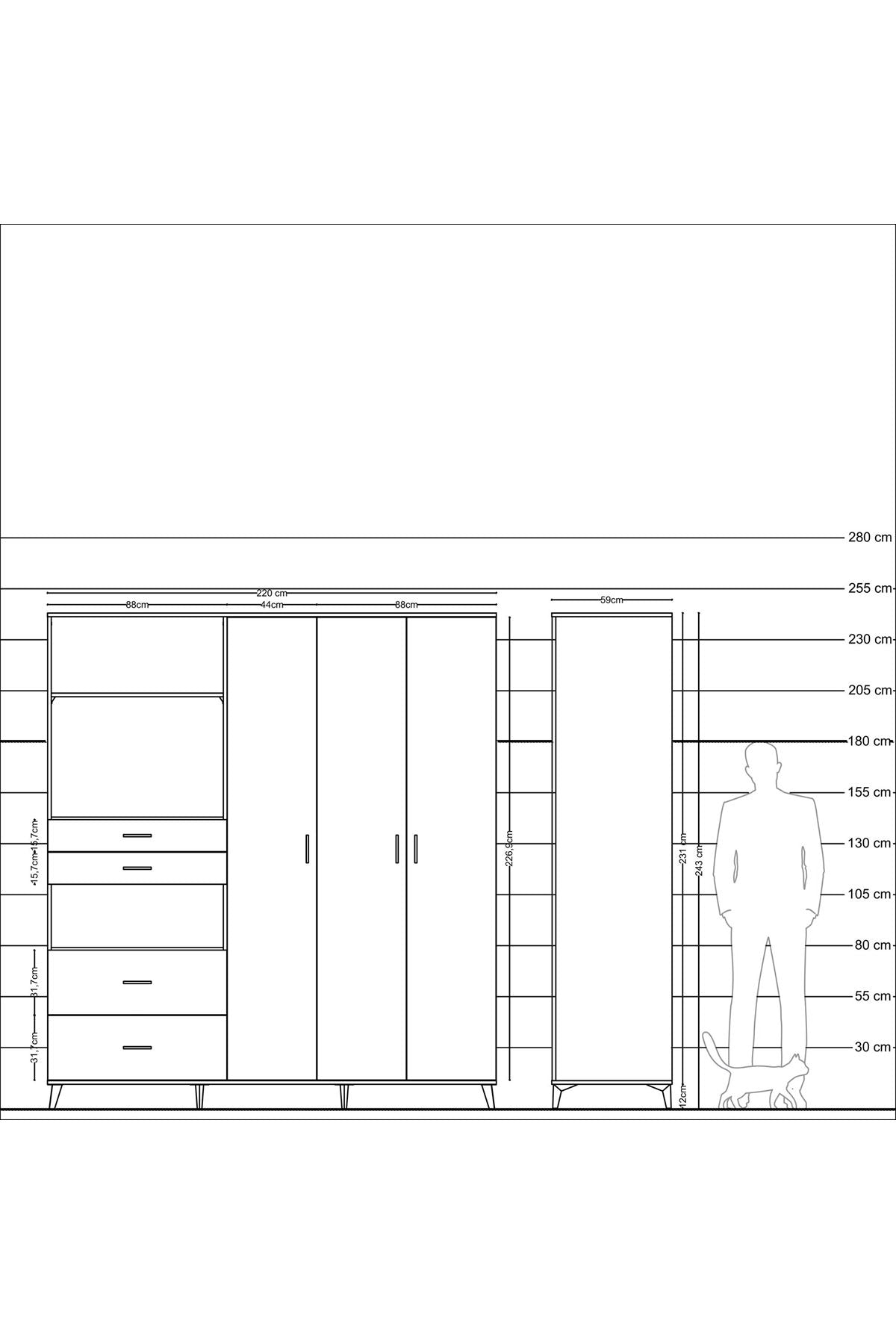Kronos Dolap 12 Raflı 4 Çekmeceli Tek Askılı 220x59x243 - S784M073V11C