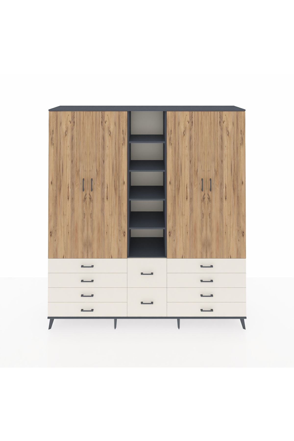 Hyperion Dolap 9 Raflı 10 Çekmeceli 2 Askılı 220x44x243 Antrasit-Çam/Aytaşı