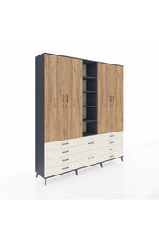 Hyperion Dolap 9 Raflı 10 Çekmeceli 2 Askılı 220x44x243 Antrasit-Çam/Aytaşı