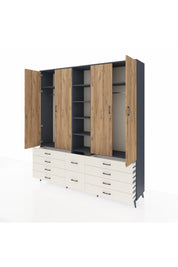 Hyperion Dolap 9 Raflı 10 Çekmeceli 2 Askılı 220x44x243 Antrasit-Çam/Aytaşı