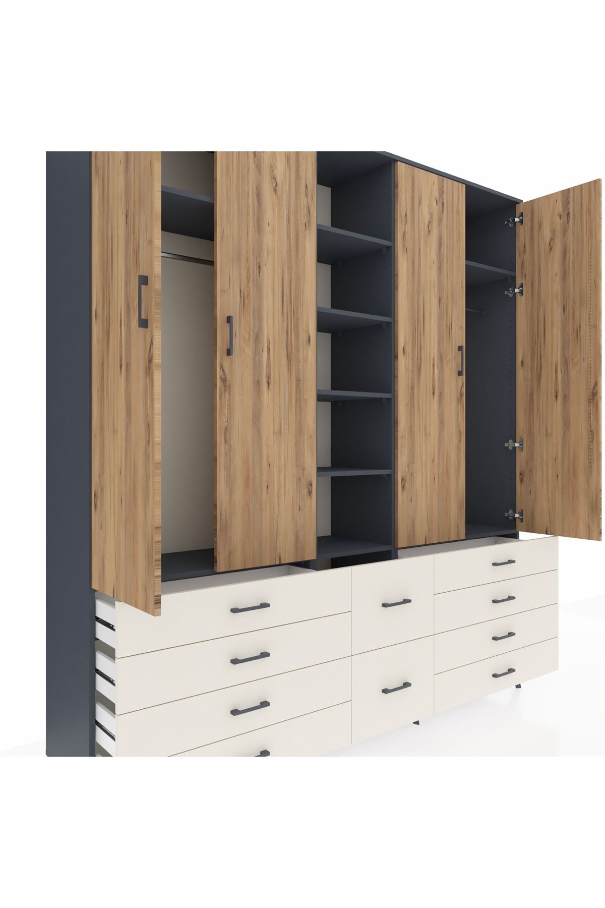 Hyperion Dolap 9 Raflı 10 Çekmeceli 2 Askılı 220x44x243 Antrasit-Çam/Aytaşı