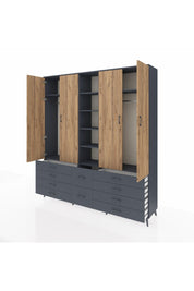 Hyperion Dolap 9 Raflı 10 Çekmeceli 2 Askılı 220x44x243 Antrasit-Çam/Antrasit