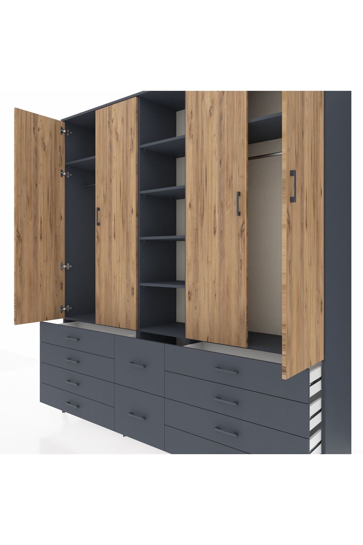 Hyperion Dolap 9 Raflı 10 Çekmeceli 2 Askılı 220x44x243 Antrasit-Çam/Antrasit