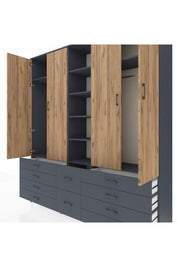 Hyperion Dolap 9 Raflı 10 Çekmeceli 2 Askılı 220x44x243 Antrasit-Çam/Antrasit