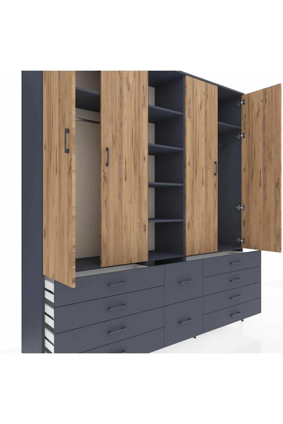 Hyperion Dolap 9 Raflı 10 Çekmeceli 2 Askılı 220x44x243 Antrasit-Çam/Antrasit