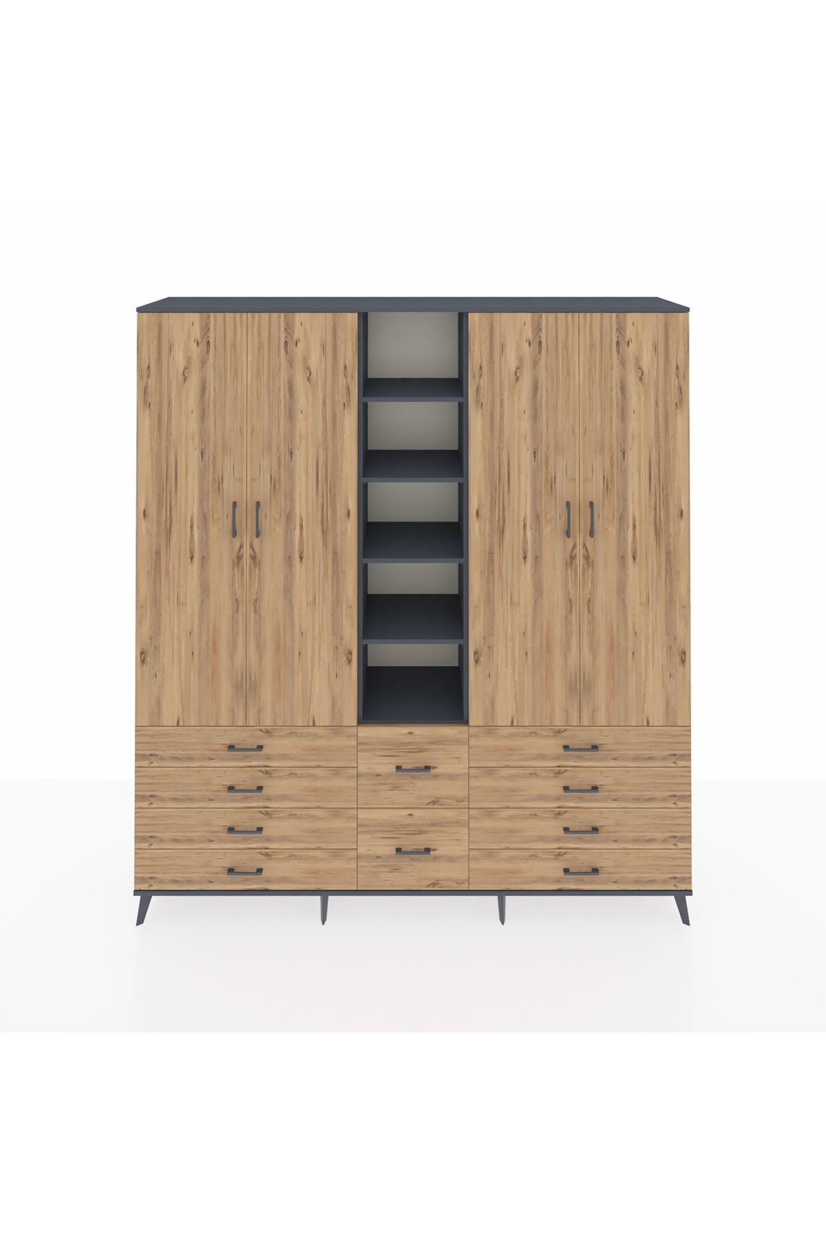 Hyperion Dolap 9 Raflı 10 Çekmeceli 2 Askılı 220x44x243 Antrasit-Çam/Çam