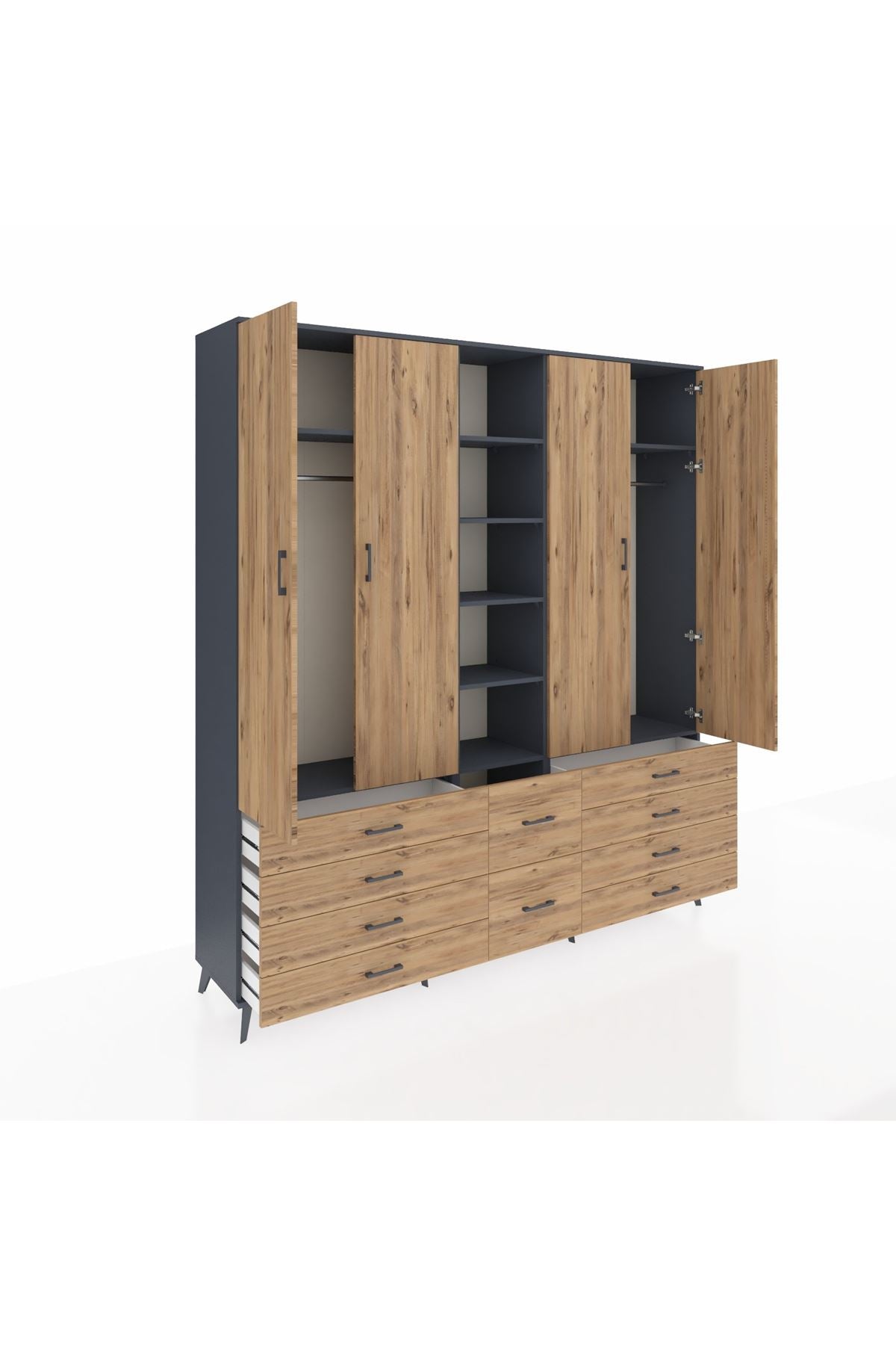 Hyperion Dolap 9 Raflı 10 Çekmeceli 2 Askılı 220x44x243 Antrasit-Çam/Çam