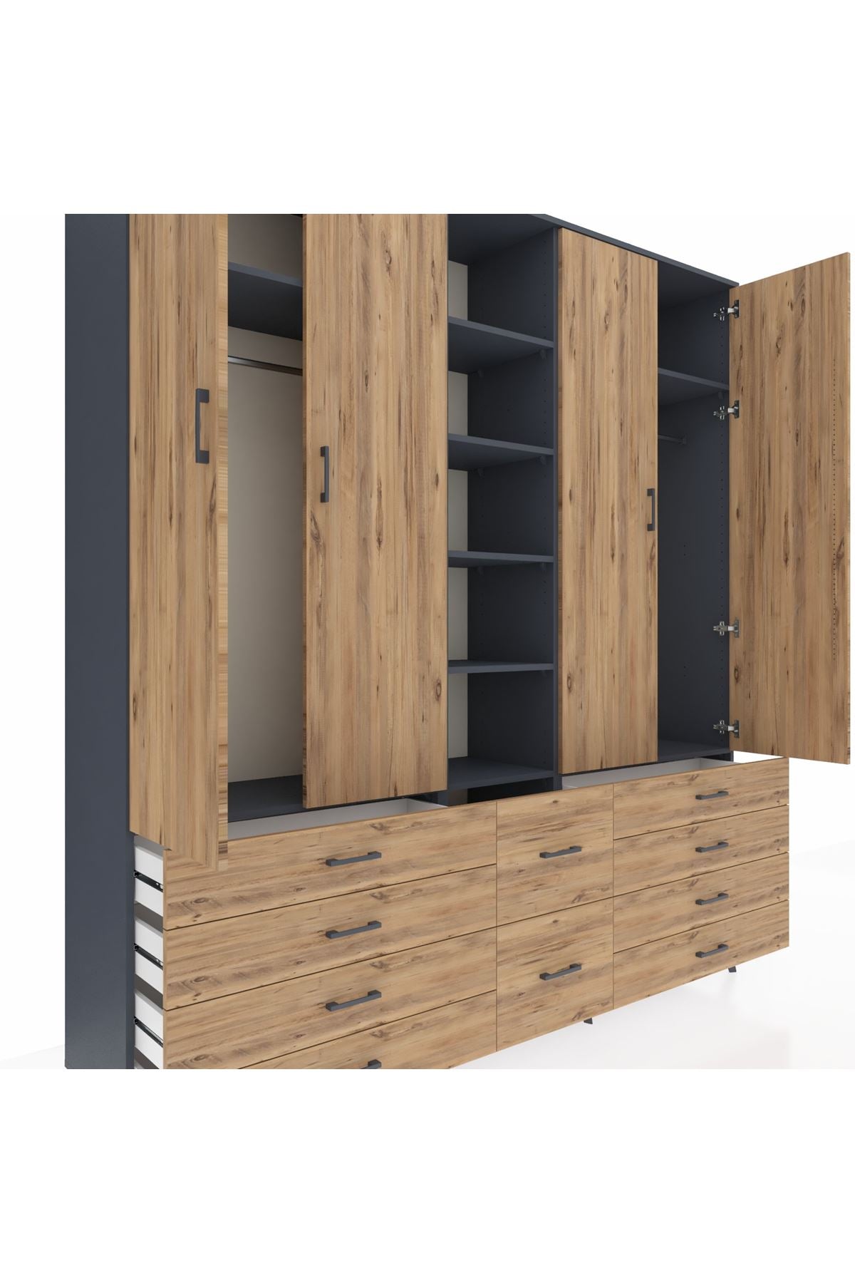 Hyperion Dolap 9 Raflı 10 Çekmeceli 2 Askılı 220x44x243 Antrasit-Çam/Çam