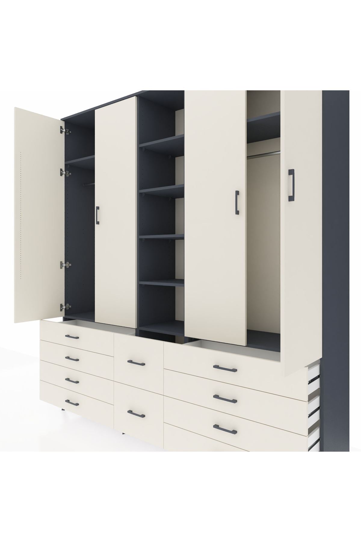 Hyperion Dolap 9 Raflı 10 Çekmeceli 2 Askılı 220x44x243 Antrasit-Aytaşı/Aytaşı