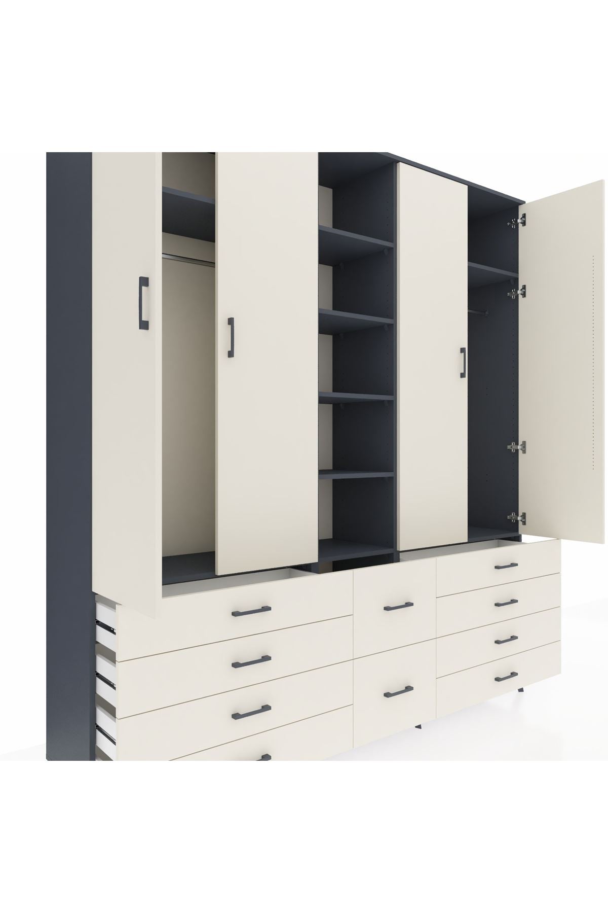 Hyperion Dolap 9 Raflı 10 Çekmeceli 2 Askılı 220x44x243 Antrasit-Aytaşı/Aytaşı