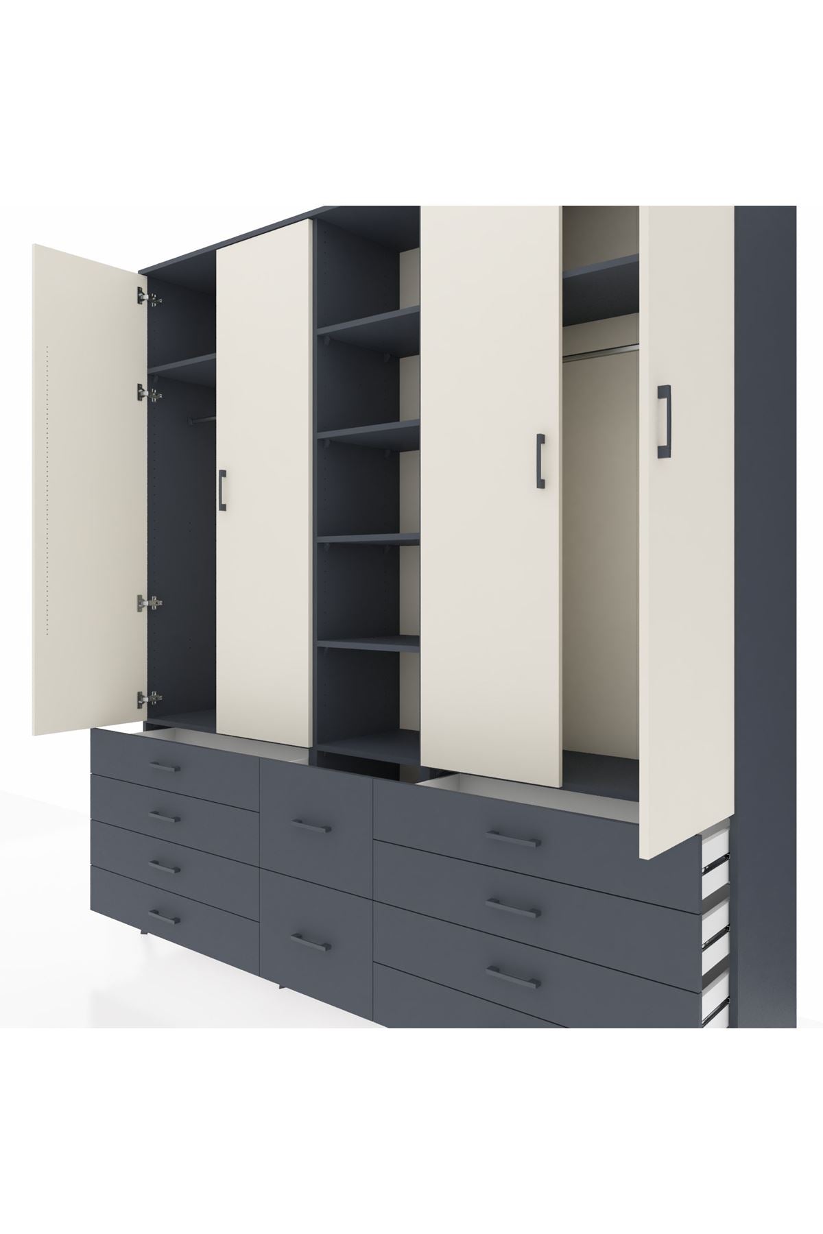 Hyperion Dolap 9 Raflı 10 Çekmeceli 2 Askılı 220x44x243 Antrasit-Aytaşı/Antrasit