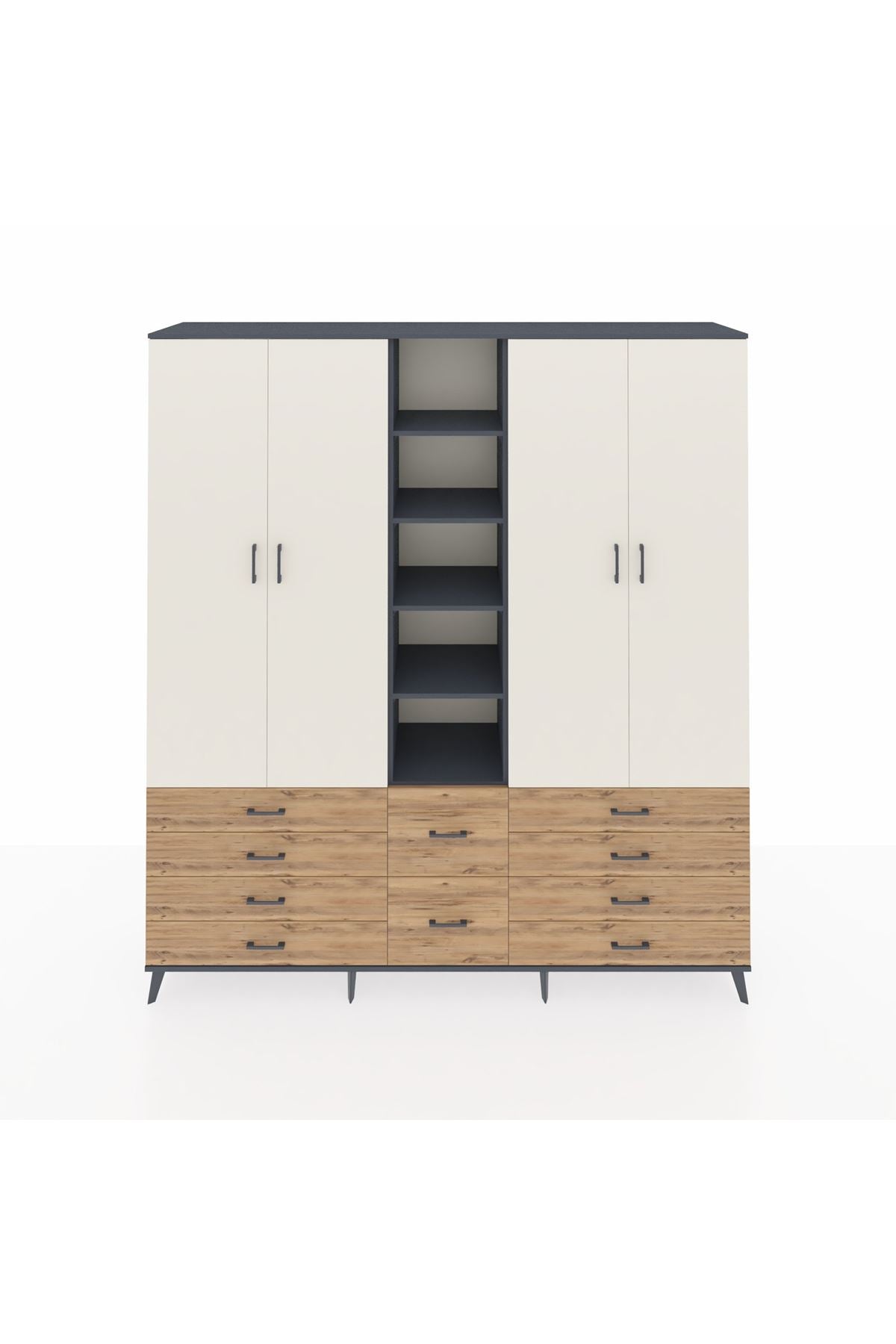 Hyperion Dolap 9 Raflı 10 Çekmeceli 2 Askılı 220x44x243 Antrasit-Aytaşı/Çam