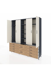 Hyperion Dolap 9 Raflı 10 Çekmeceli 2 Askılı 220x44x243 Antrasit-Aytaşı/Çam