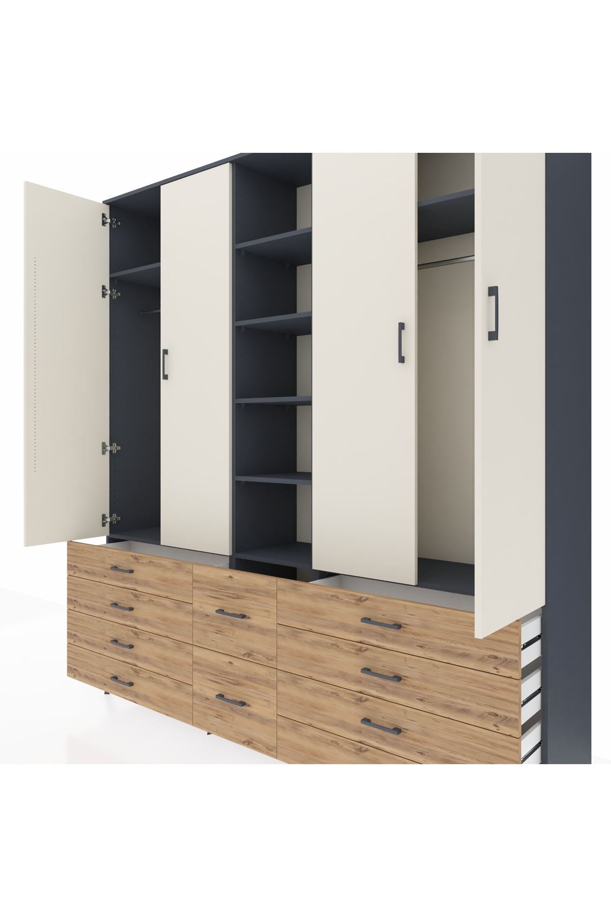 Hyperion Dolap 9 Raflı 10 Çekmeceli 2 Askılı 220x44x243 Antrasit-Aytaşı/Çam