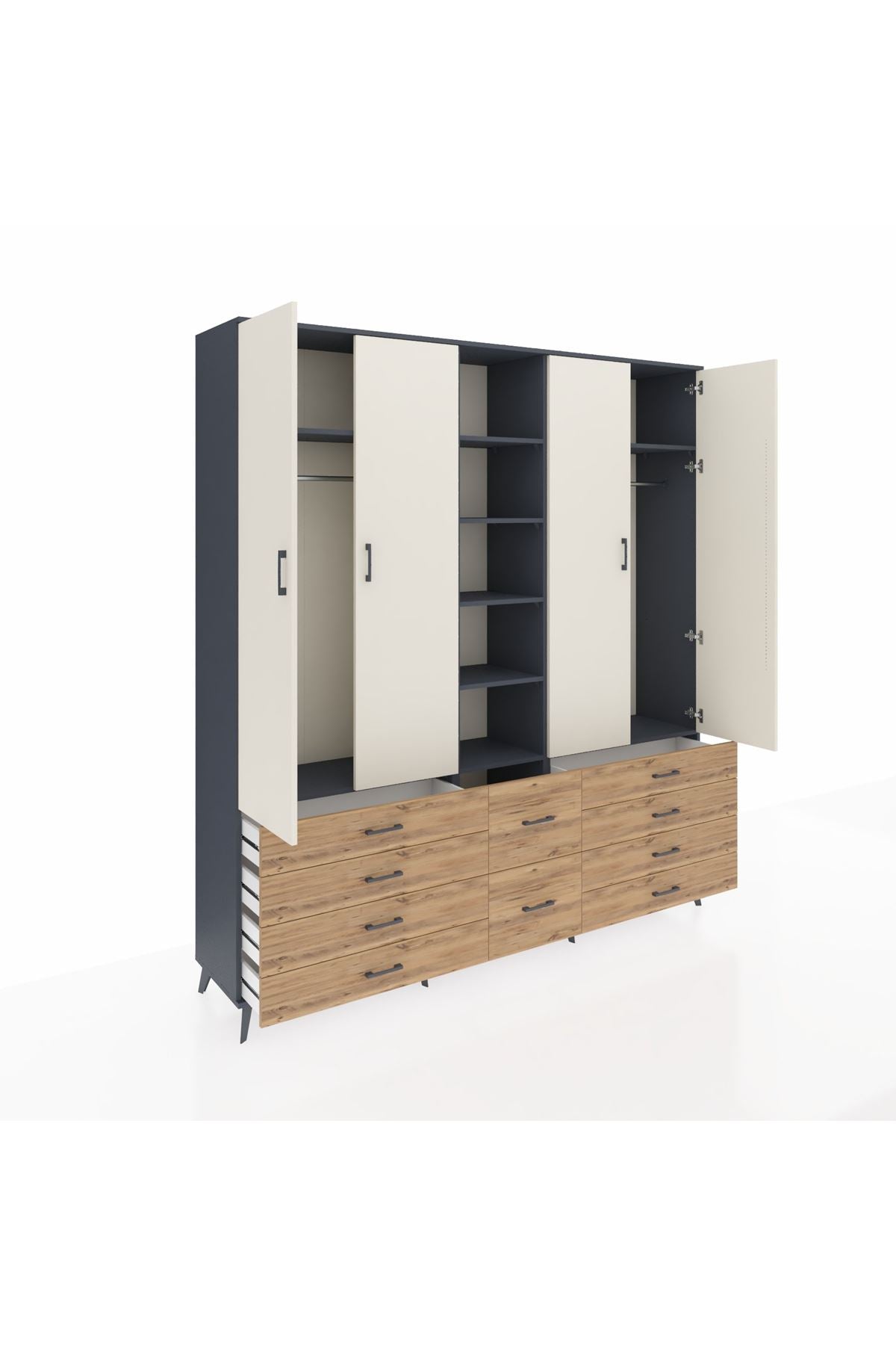 Hyperion Dolap 9 Raflı 10 Çekmeceli 2 Askılı 220x44x243 Antrasit-Aytaşı/Çam