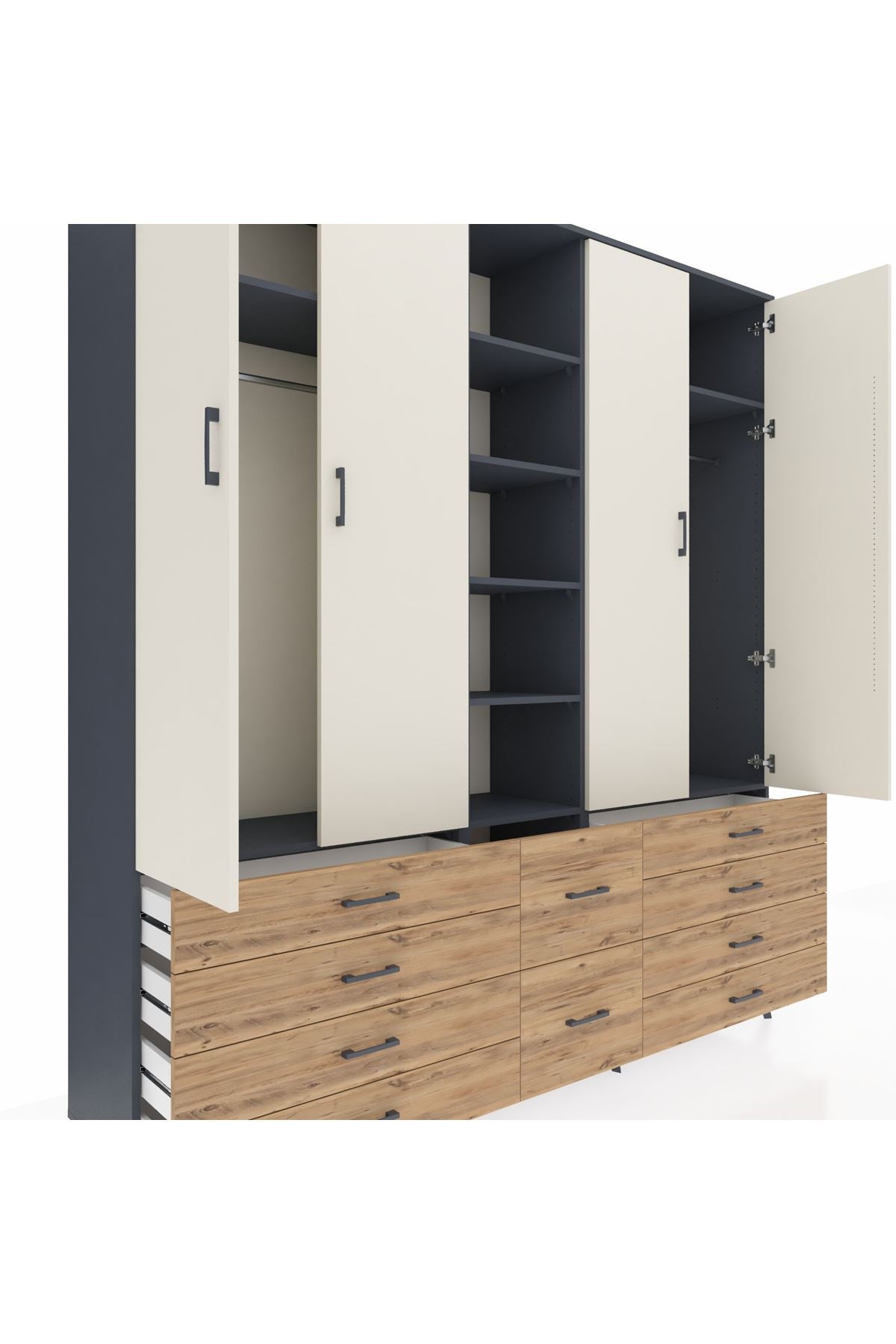 Hyperion Dolap 9 Raflı 10 Çekmeceli 2 Askılı 220x44x243 Antrasit-Aytaşı/Çam