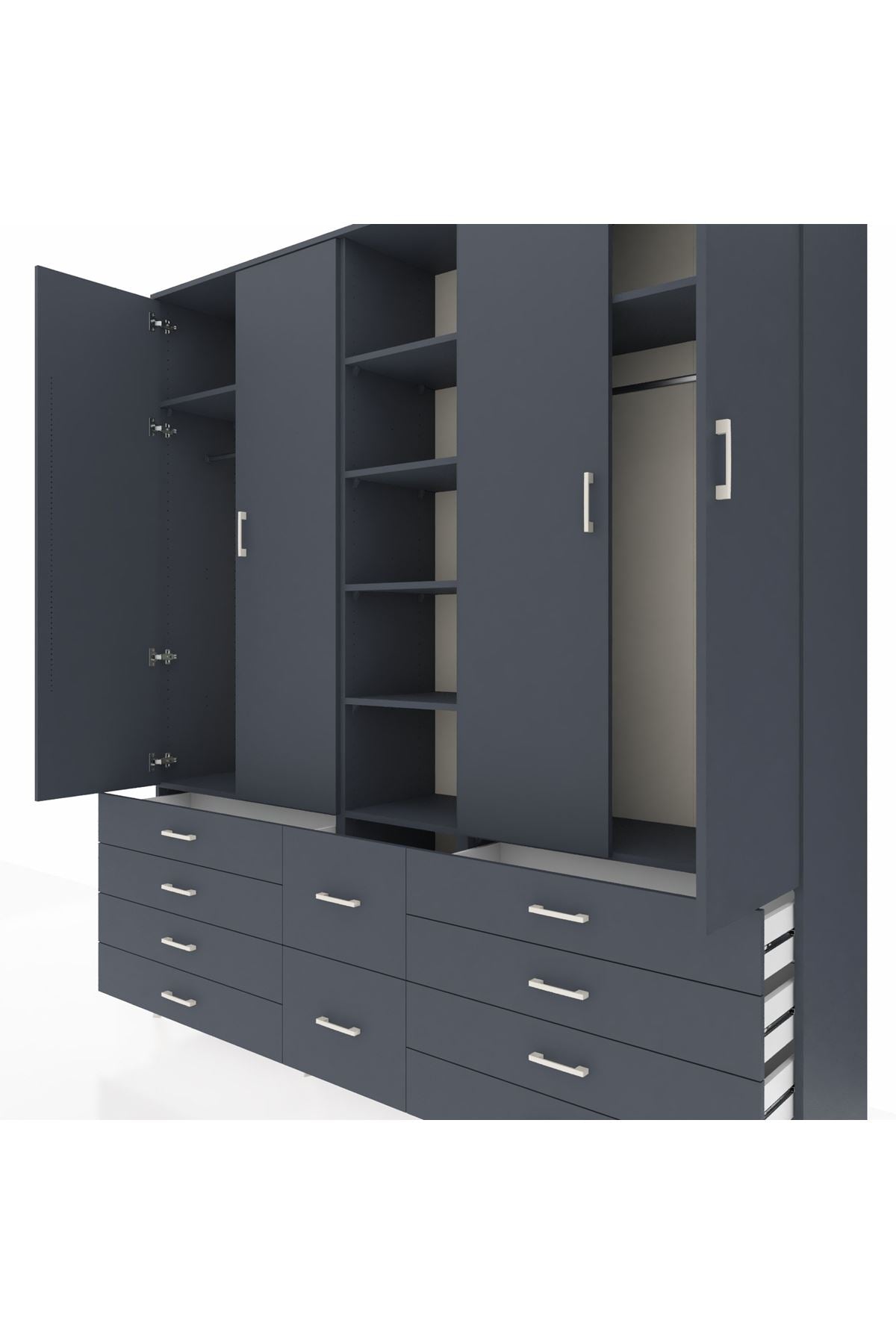 Hyperion Dolap 9 Raflı 10 Çekmeceli 2 Askılı 220x44x243 Antrasit-Antrasit/Antrasit