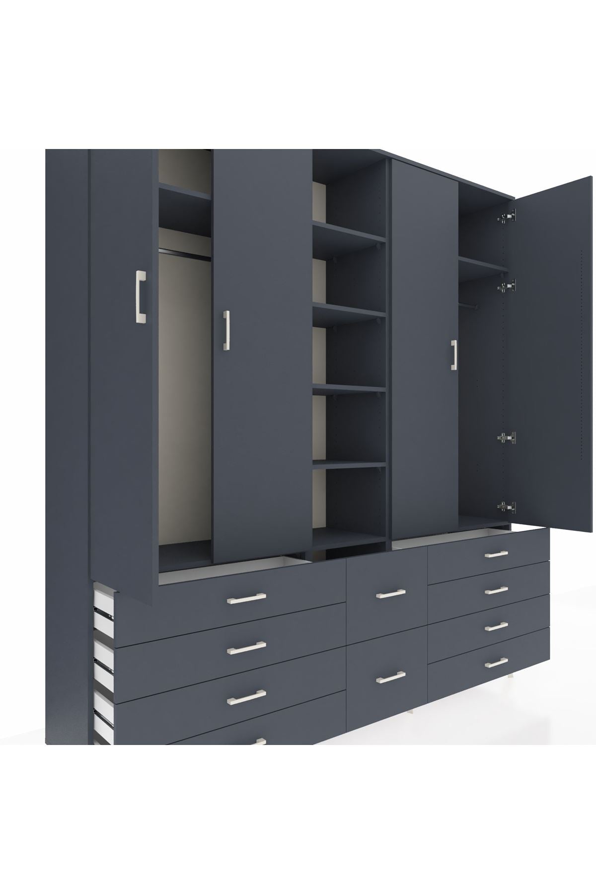 Hyperion Dolap 9 Raflı 10 Çekmeceli 2 Askılı 220x44x243 Antrasit-Antrasit/Antrasit