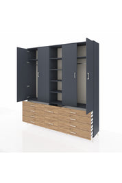 Hyperion Dolap 9 Raflı 10 Çekmeceli 2 Askılı 220x44x243 Antrasit-Antrasit/Çam