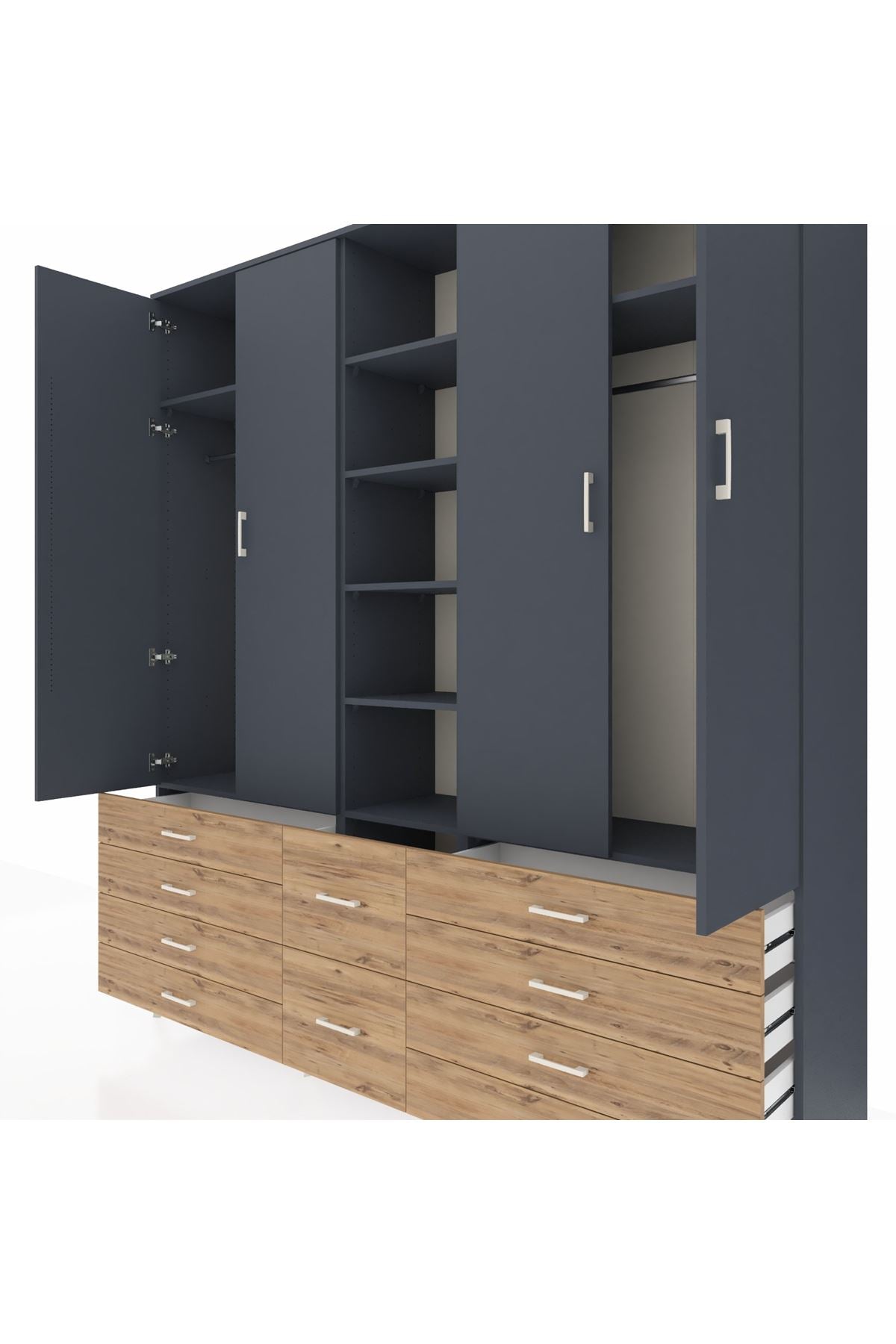 Hyperion Dolap 9 Raflı 10 Çekmeceli 2 Askılı 220x44x243 Antrasit-Antrasit/Çam