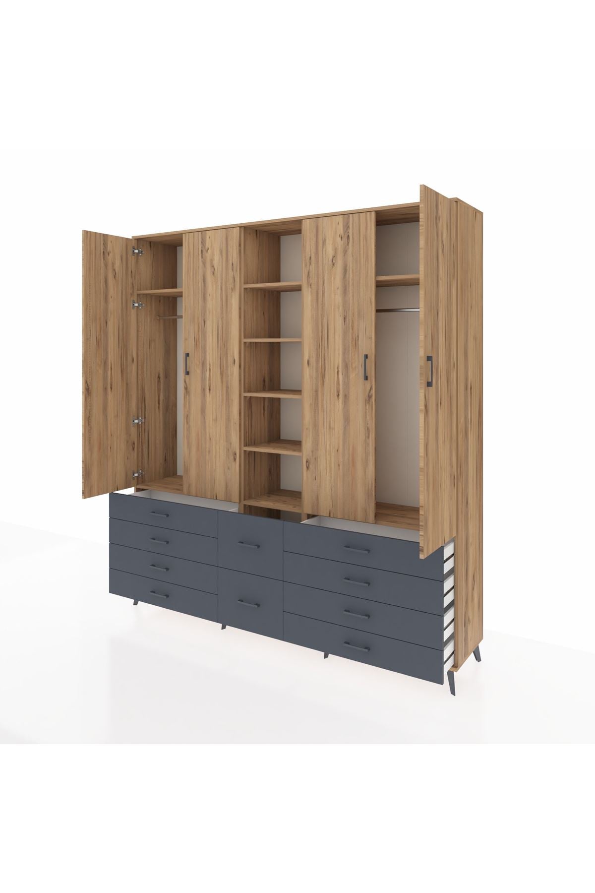 Hyperion Dolap 9 Raflı 10 Çekmeceli 2 Askılı 220x44x243 Çam-Çam/Antrasit