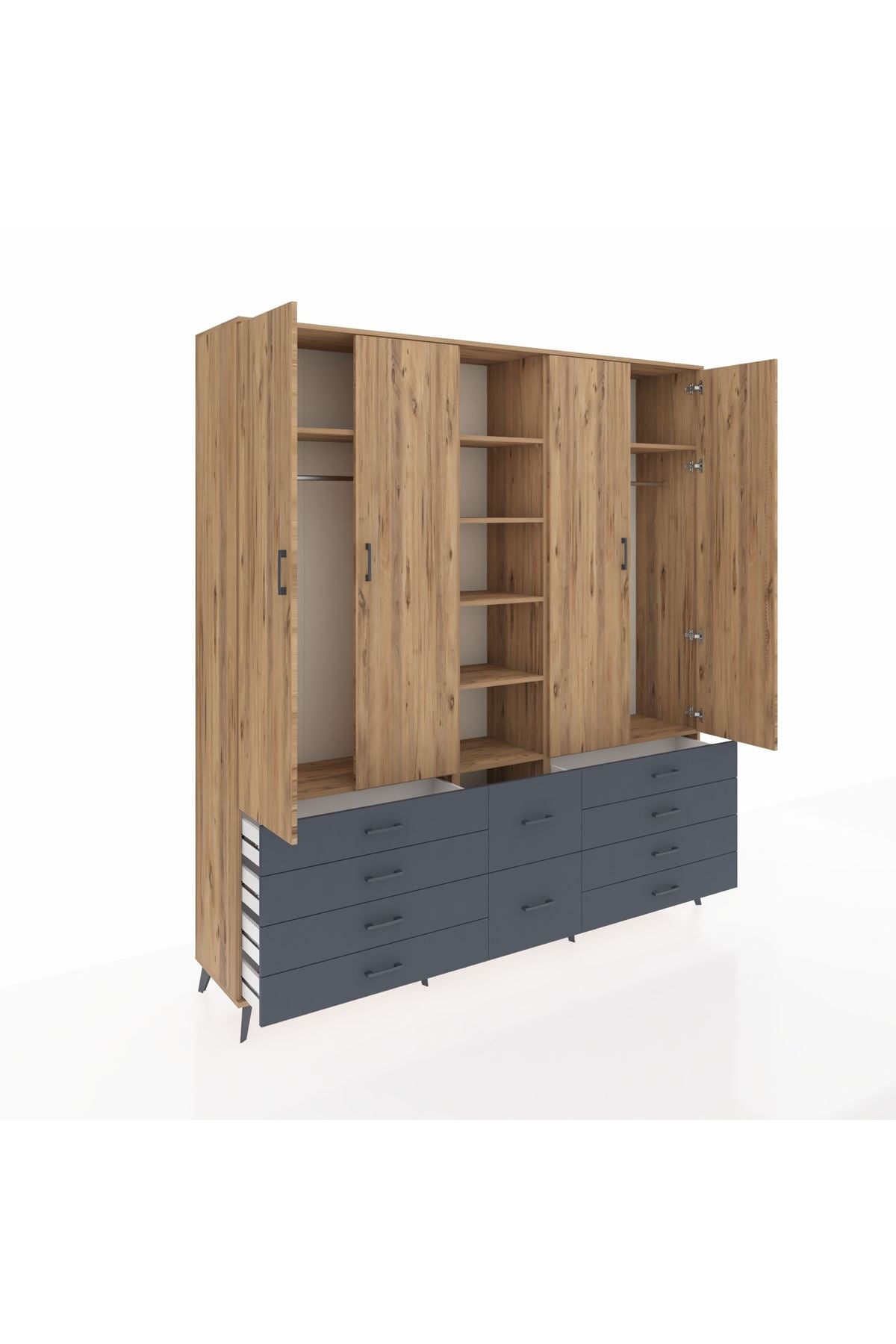 Hyperion Dolap 9 Raflı 10 Çekmeceli 2 Askılı 220x44x243 Çam-Çam/Antrasit