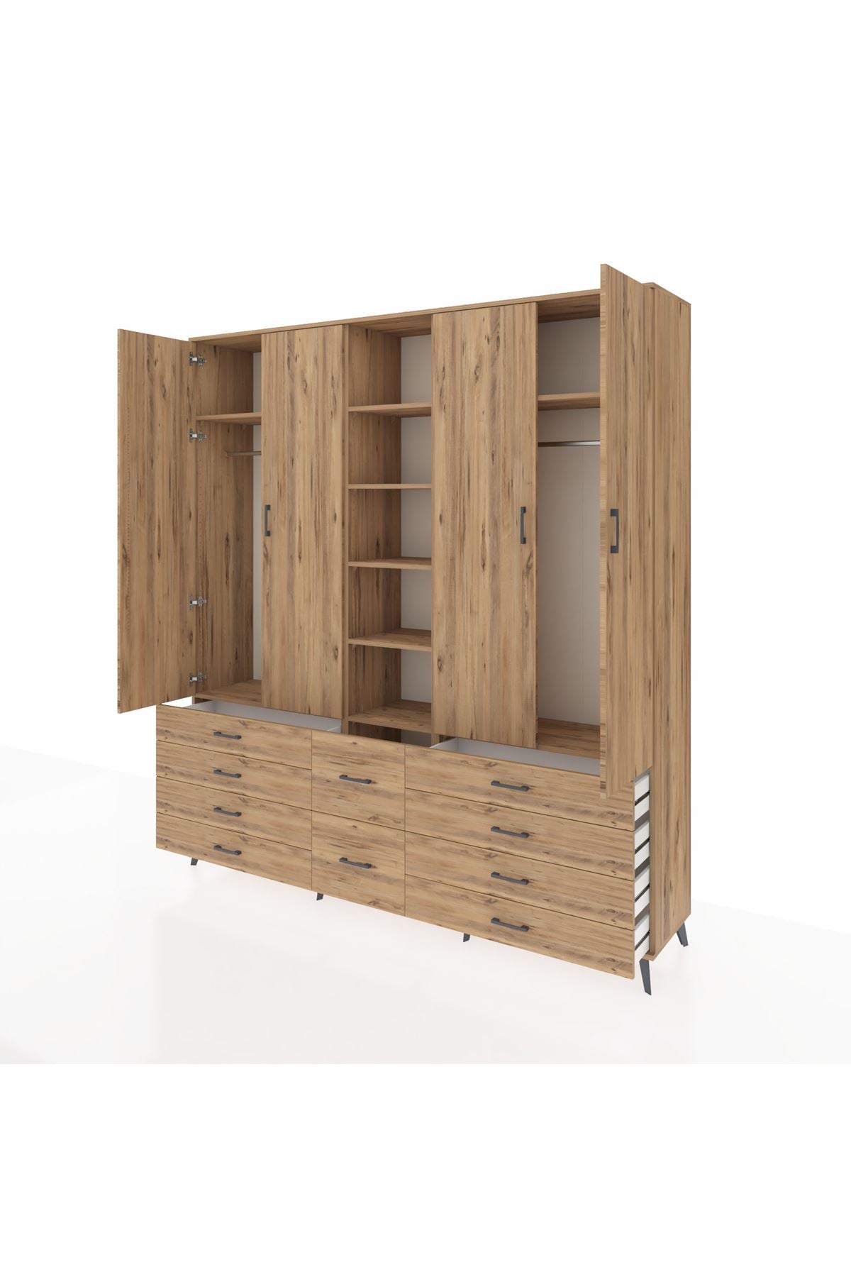 Hyperion Dolap 9 Raflı 10 Çekmeceli 2 Askılı 220x44x243 Çam-Çam/Çam