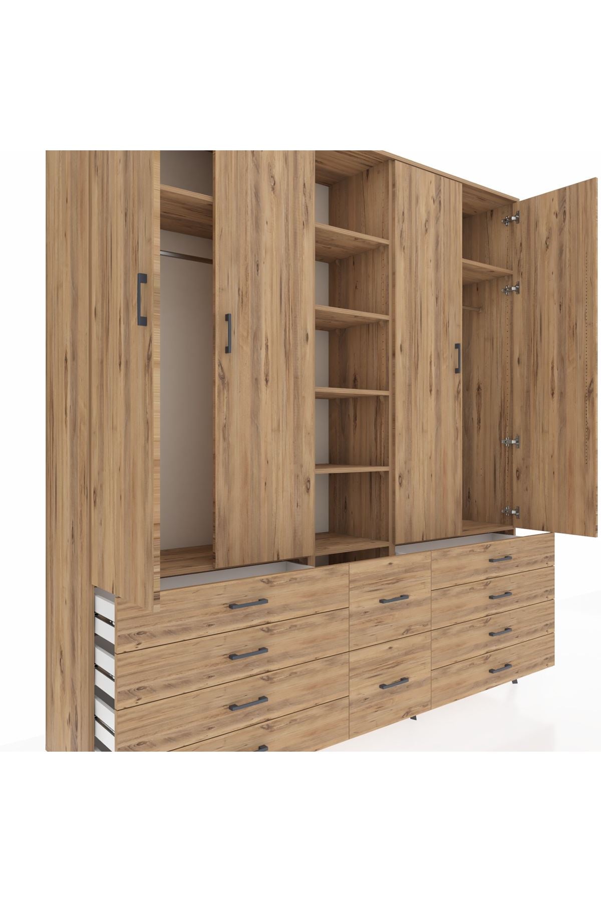 Hyperion Dolap 9 Raflı 10 Çekmeceli 2 Askılı 220x44x243 Çam-Çam/Çam