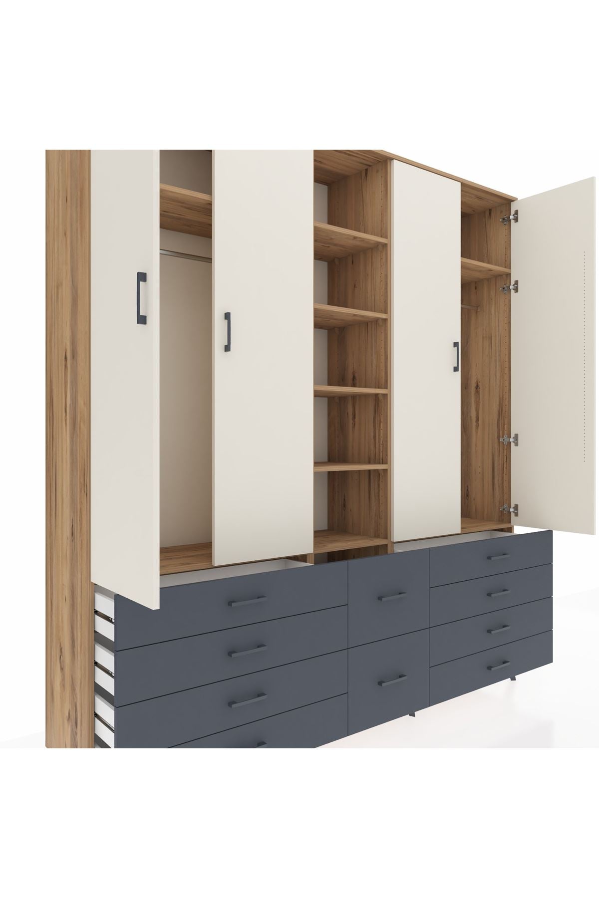 Hyperion Dolap 9 Raflı 10 Çekmeceli 2 Askılı 220x44x243 Çam-Aytaşı/Antrasit