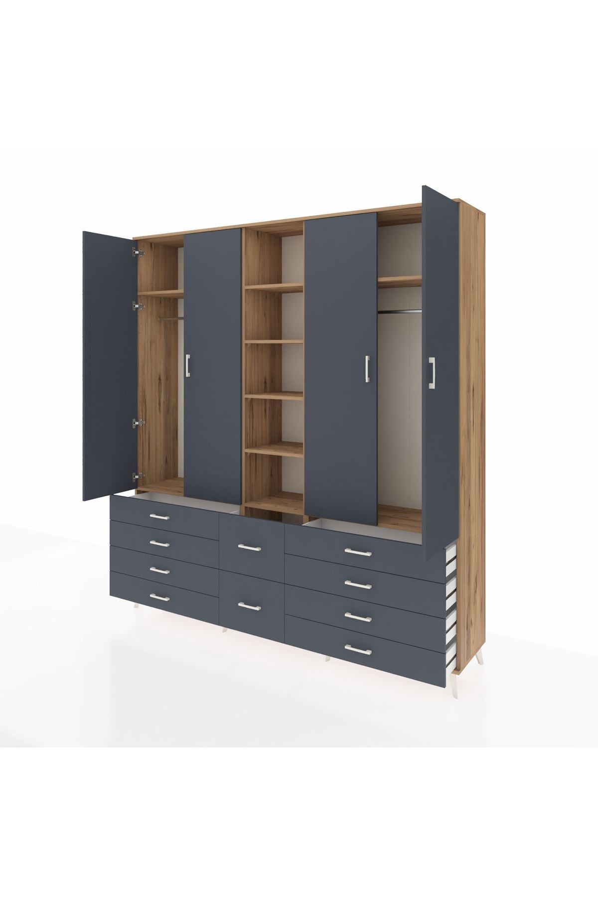 Hyperion Dolap 9 Raflı 10 Çekmeceli 2 Askılı 220x44x243 Çam-Antrasit/Antrasit