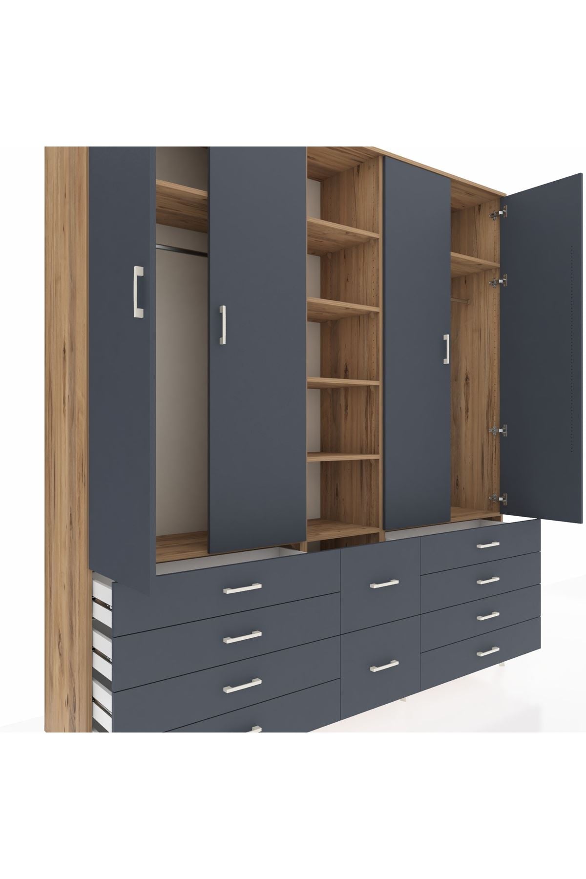 Hyperion Dolap 9 Raflı 10 Çekmeceli 2 Askılı 220x44x243 Çam-Antrasit/Antrasit