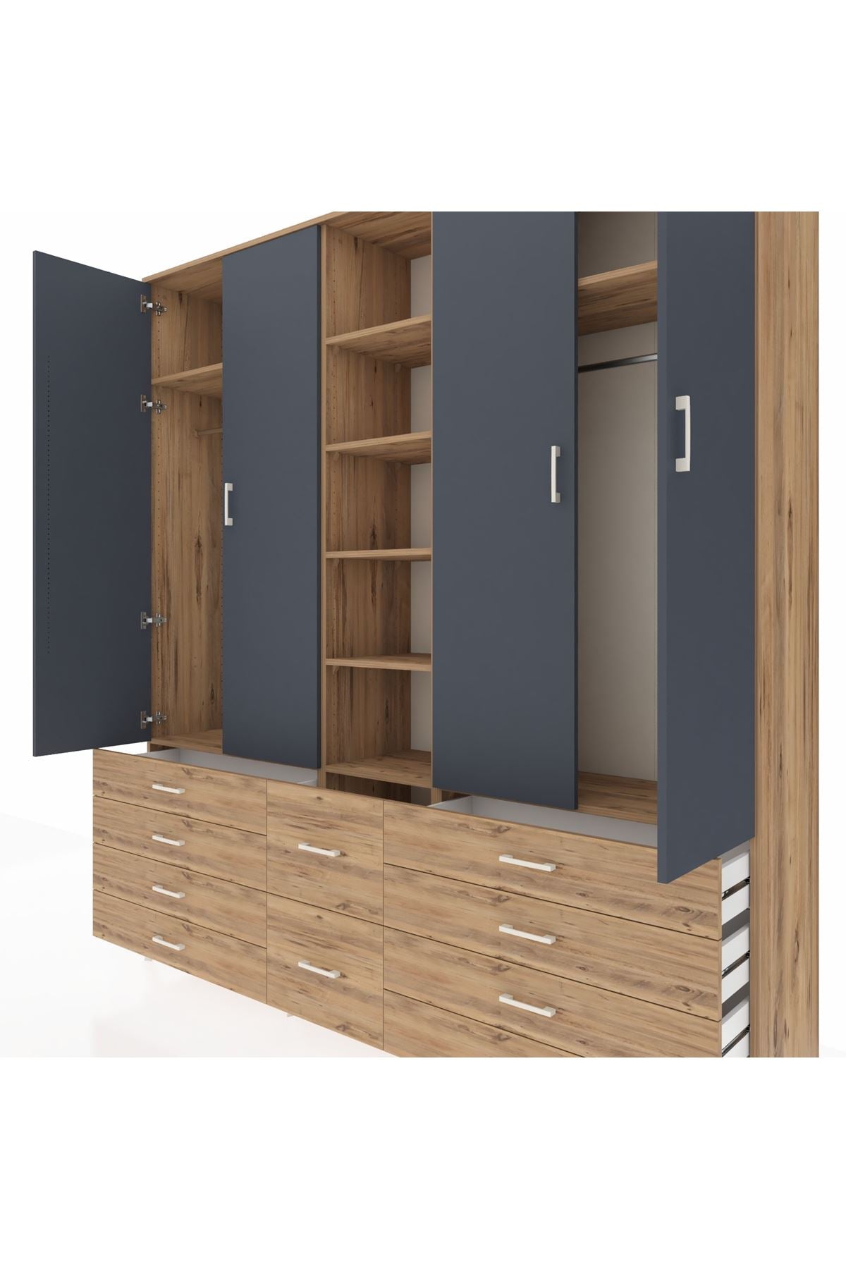 Hyperion Dolap 9 Raflı 10 Çekmeceli 2 Askılı 220x44x243 Çam-Antrasit/Çam