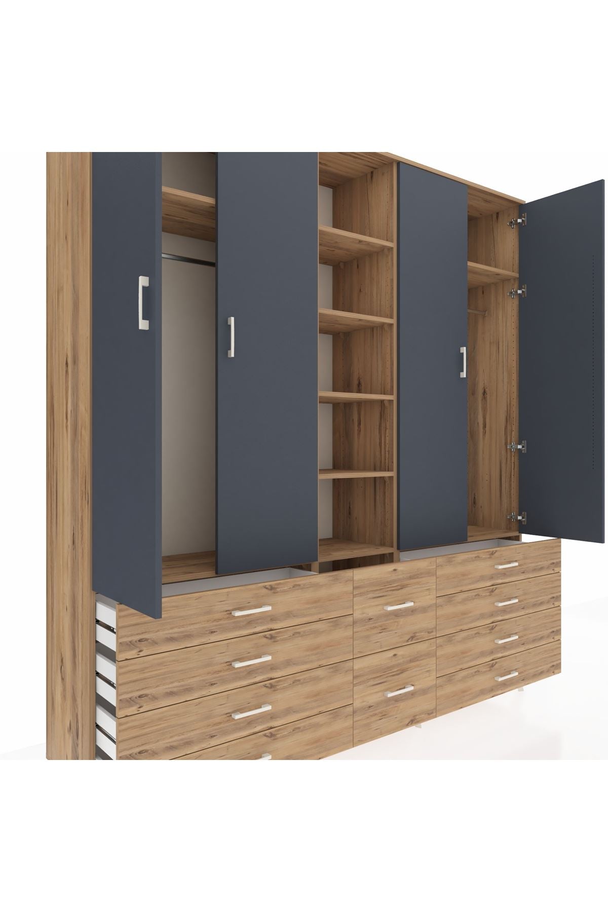 Hyperion Dolap 9 Raflı 10 Çekmeceli 2 Askılı 220x44x243 Çam-Antrasit/Çam