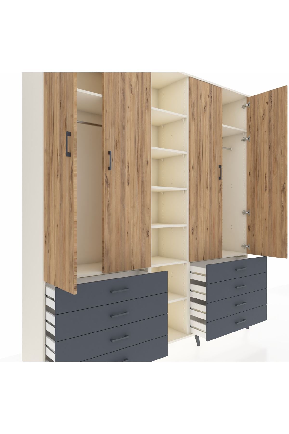 Hyperion Dolap 10 Raflı 8 Çekmeceli 2 Askılı 220x44x243 Aytaşı-Çam/Antrasit