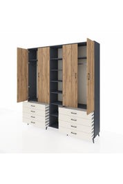 Hyperion Dolap 10 Raflı 8 Çekmeceli 2 Askılı 220x44x243 Antrasit-Çam/Aytaşı