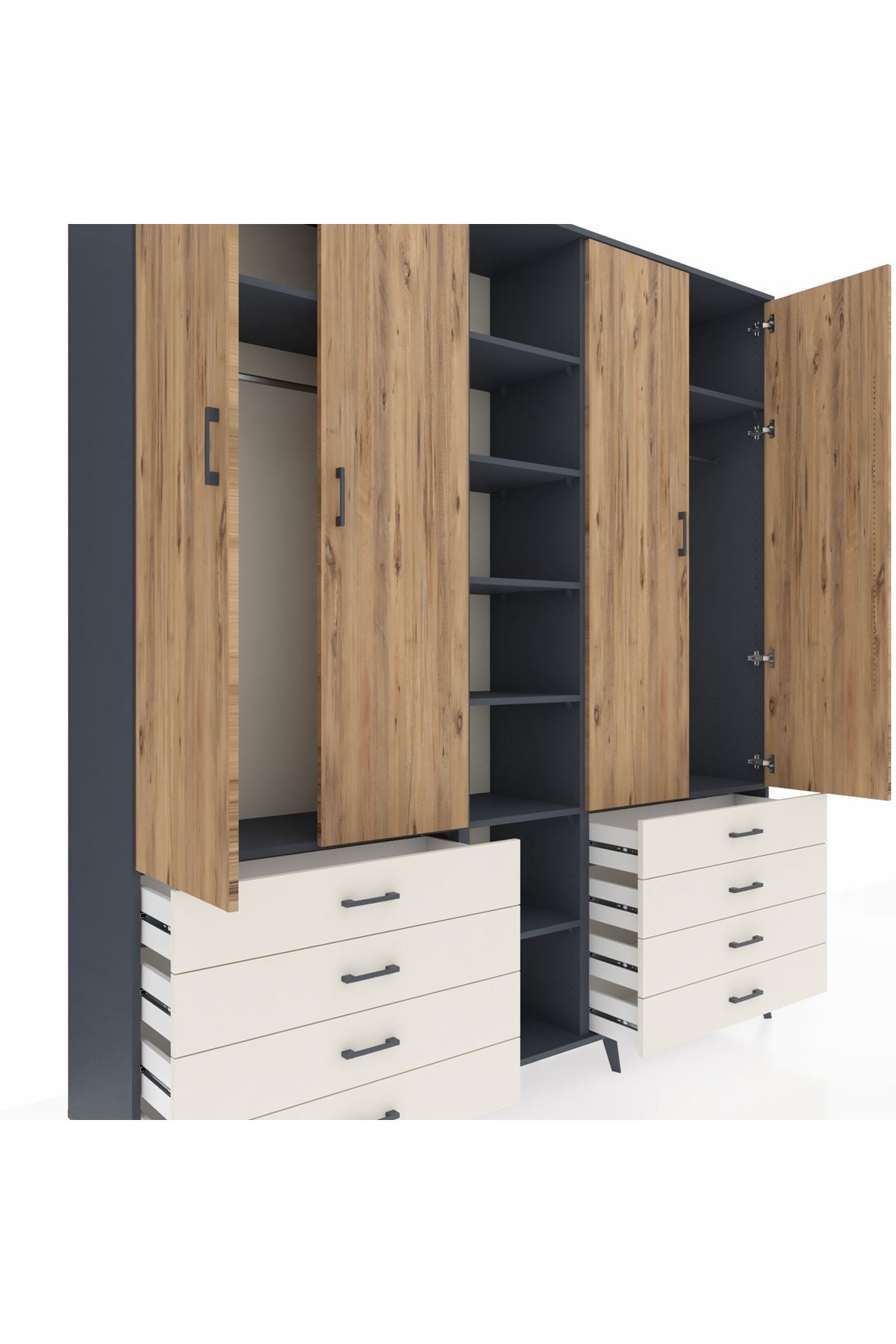 Hyperion Dolap 10 Raflı 8 Çekmeceli 2 Askılı 220x44x243 Antrasit-Çam/Aytaşı