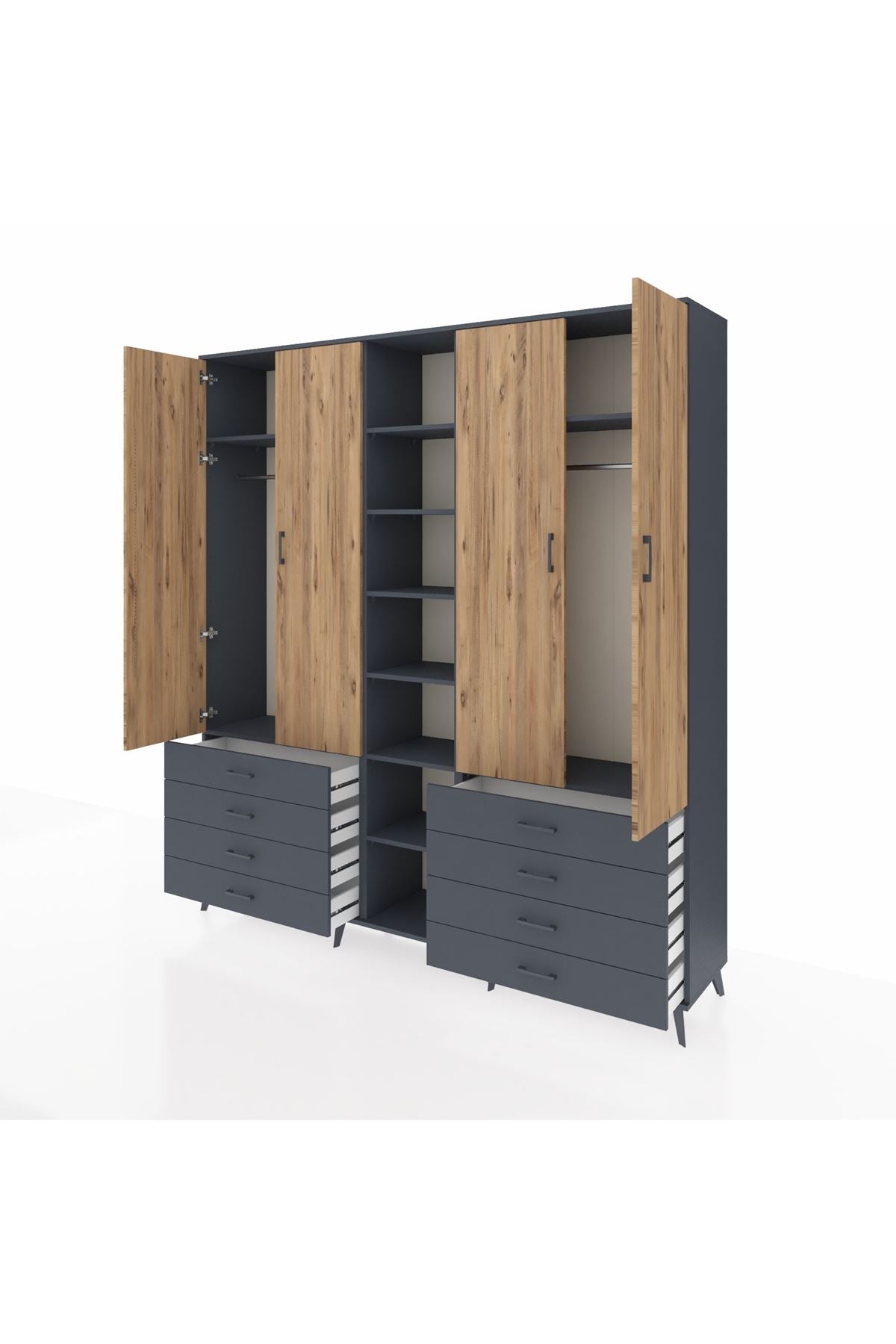 Hyperion Dolap 10 Raflı 8 Çekmeceli 2 Askılı 220x44x243 Antrasit-Çam/Antrasit