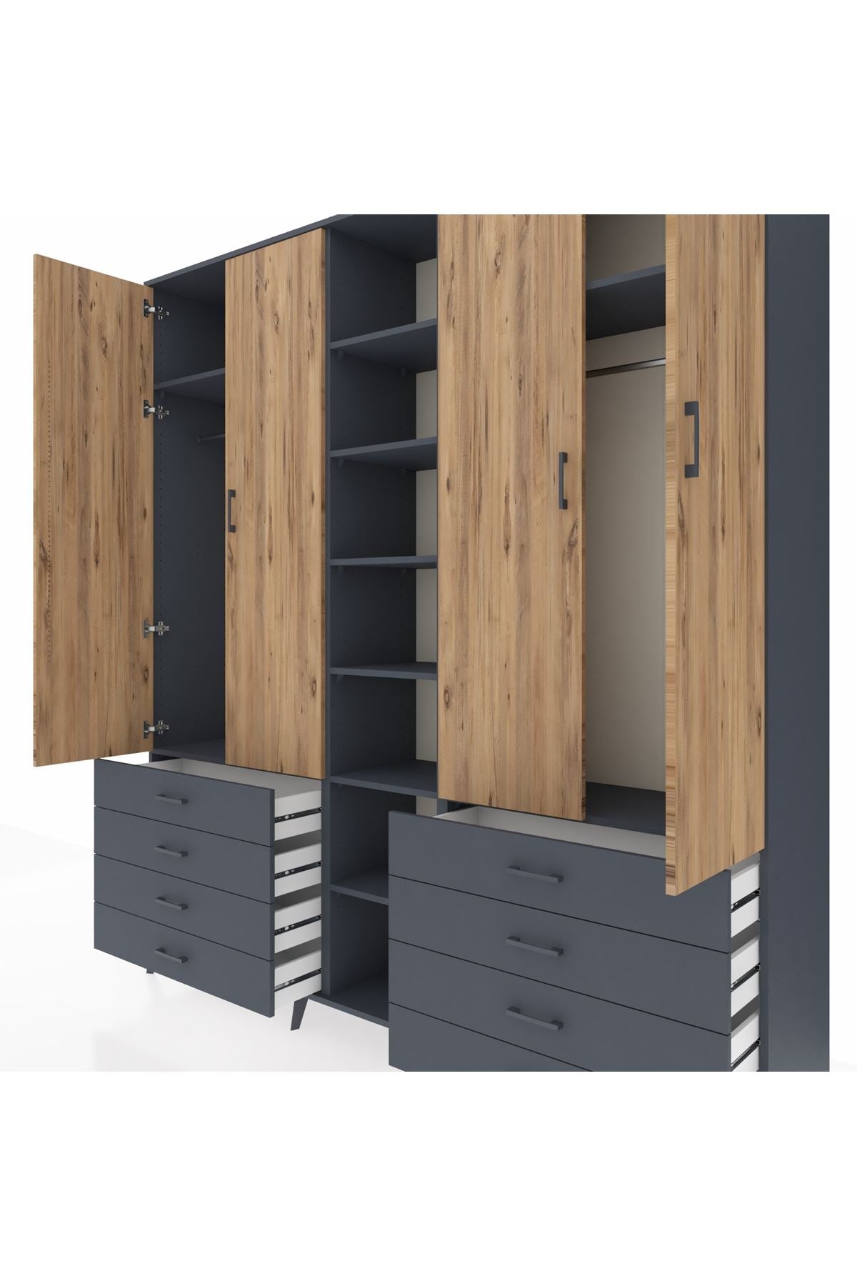 Hyperion Dolap 10 Raflı 8 Çekmeceli 2 Askılı 220x44x243 Antrasit-Çam/Antrasit