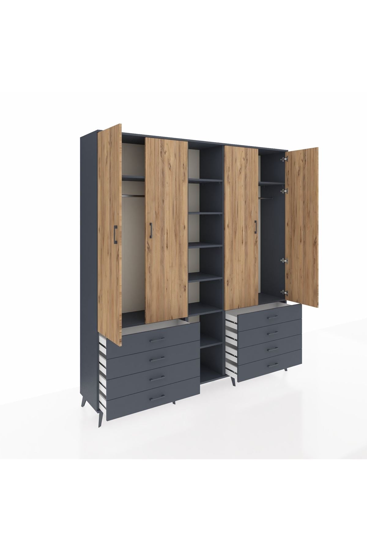 Hyperion Dolap 10 Raflı 8 Çekmeceli 2 Askılı 220x44x243 Antrasit-Çam/Antrasit