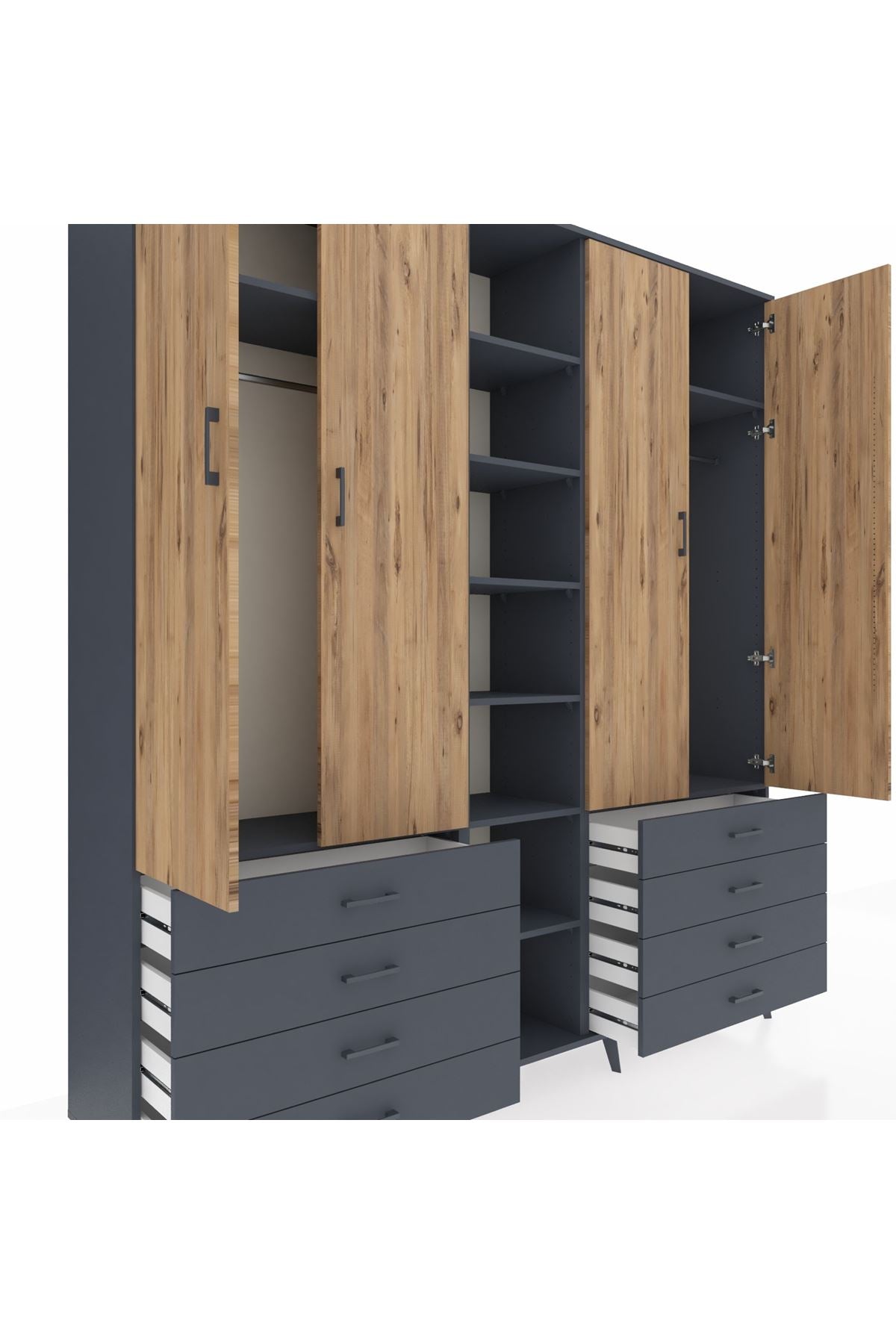 Hyperion Dolap 10 Raflı 8 Çekmeceli 2 Askılı 220x44x243 Antrasit-Çam/Antrasit